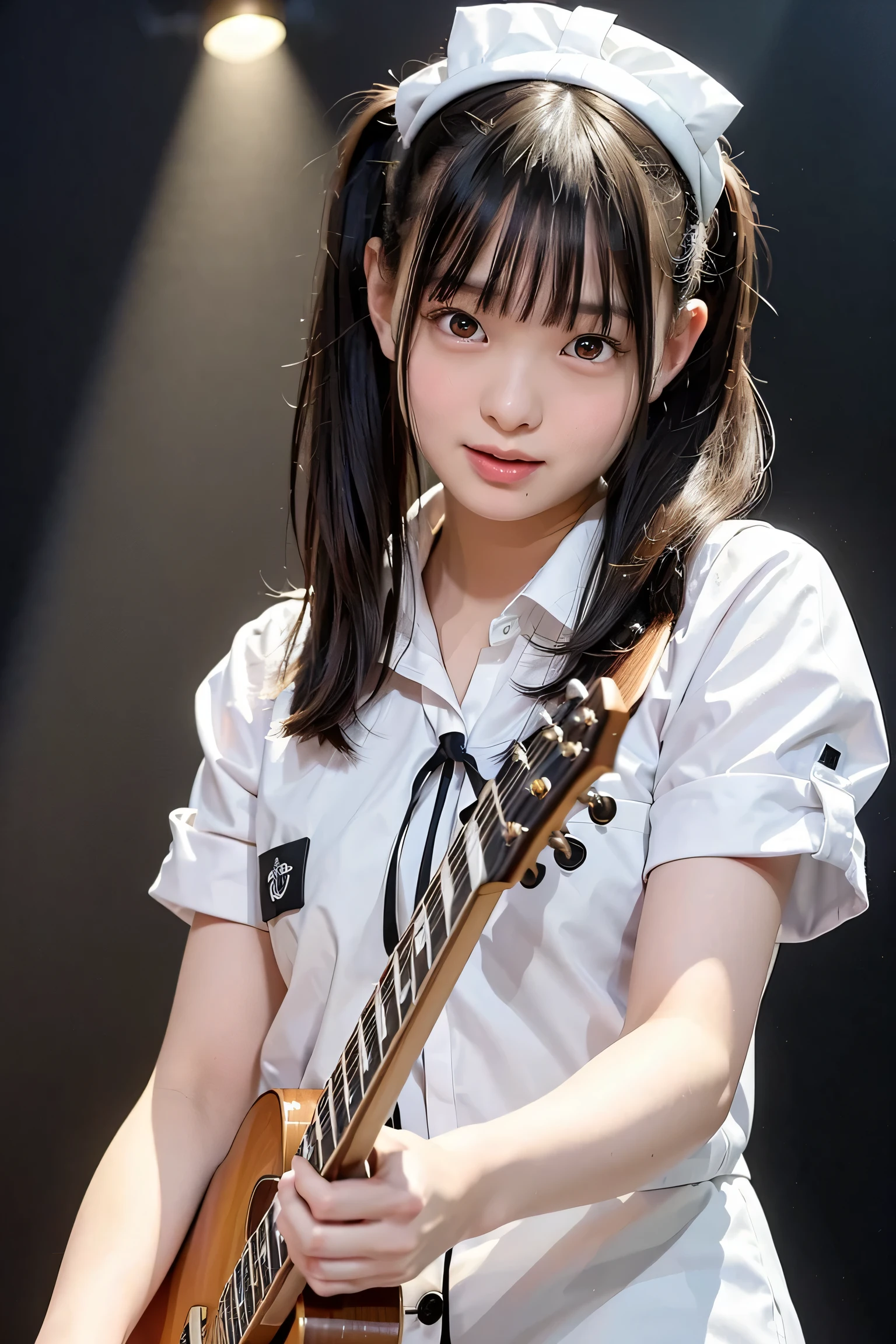 (top quality, very accurate selection, masterpiece:1.2), detailed display, Authentic:1.37,(Perfect Anatomy), A Japanese high school girl playing an electric guitar、A woman aiming to debut as a singer、A woman auditioning、(Playing an electric guitar on stage:1.4)、A woman wearing a Japanese sailor uniform、(Guitar playing、 dance)、エレキギターを弾きながら歌手のA woman auditioning、A guitar concert in a Japanese high school sailor uniform、beautiful skin,Small breasted fully naked 、Slightly see-through uniform、metal accessory、big eyes,(growing eyes:1.3),look at me 、 dance、beautiful skin, short hair,黒い髪 、Beautiful Lips,With a smile、big eyes、(The stage at the audition venue is in the background:1.2)、 Playing guitar on the audition stage,Pre-debut concert