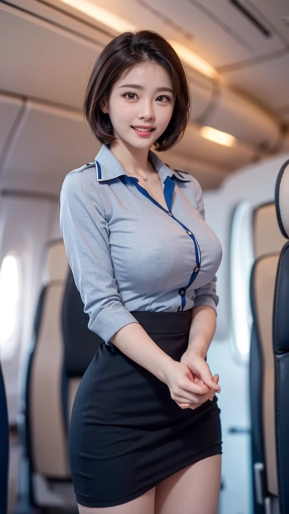 (The Ultimate Beautiful Japan Married Woman), 50s, hyperdetailed face, Detailed lips, (big eye:1.4), Double eyelids, Short brunette hair, (grin)、(White Molded Teeth), (cparted lips), (Wearing the blue uniform of a flight attendant:1.4)、((large full )), thighs thighs thighs thighs、(Cowboy Shot:1.3), Perfect fit, depth of fields、Perfect image realism, Background with:((On the plane))、细致Background with, detailed costume, Perfect litthing、Hyper-Realism、Photorealsitic、8K maximum resolution, (​masterpiece), ighly detailed, Professional