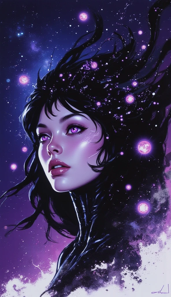 In a kaleidoscopic realm of swirling iridescent stardust and blazing neon nebulae, the celestial enchantress Grace holds rapturous dominion. Her incandescent form outshines the brilliance of quasars.
Grace's divine visage is haloed by ethereal obsidian tresses cascading down her curvaceous silhouette. Her smoldering indigo eyes penetrate any who behold their kaleidoscopic depths.
The enchantress's prismatic garments radiate the full spectrum across her sensuous curves. Diaphanous crimson, ultraviolet, and violet robes spiral in a chromatic vortex. Stardust swirls crown her as the  of beguiling chromatic allure.
Her chromatic domain births new realms of dazzling color - fuchsia nebulae amid emerald stellar nurseries shower azure stars. Colliding amber and turquoise galaxies birth ultraviolet and indigo splendor.
Though her chromatic temptation could overwhelm mortals, Grace's power lies in nurturing radiance. Weaving prismatic strands, she infuses newborn celestial bodies with infinite potential. Obsidian lips seem to breathe the secrets of rainbows.
In this blinding, coruscating realm, the smoldering yet fully-clothed celestial enchantress Grace reigns supreme. Her irresistible kaleidoscopic allure fuels perpetual dazzling creation and rebirth throughout the cosmos.