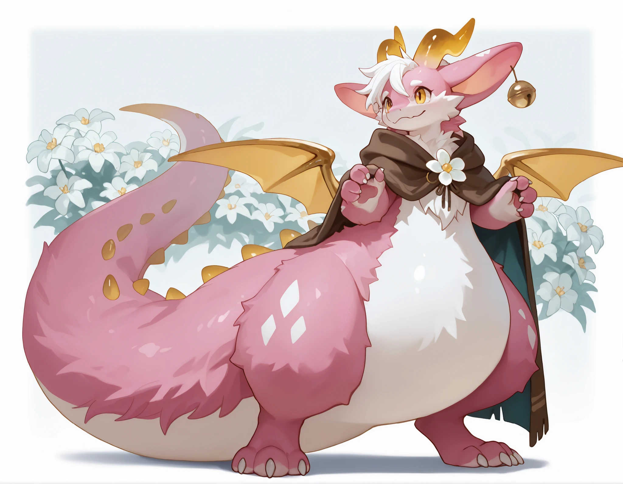 full body, furry, dragon, wide bottom, heavy bottom, wided legs, long digitigrade leg, giant pearshape body, no nipple,detailed face, pink fur,4k ultfigurelity, (4k half body view:1.0),ultra high detailed body,feral dragon,(cute face:1.3),pink fur,golden eyes,white belly fur,white hair,long hair,enormous body,side front view,(long ears),(big ears),(big horns),(dropping ears),long tail,thick tail,big tail,(cloak),(smaller head),(enomorous body),hyper tail,white flower,gigantic body,holding a white flower