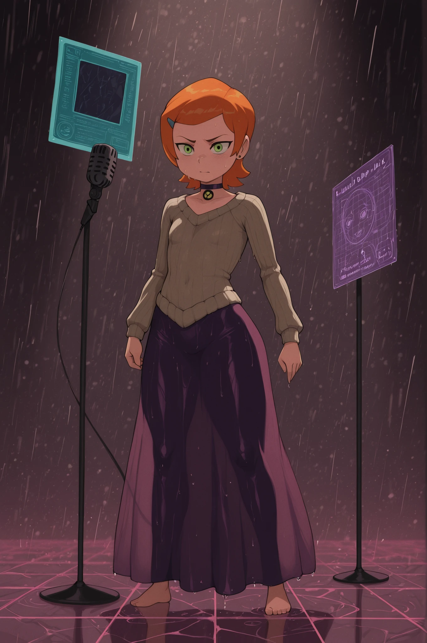 Gwen Tennyson . ginger . short hair . green eyes . flat breasts, flat chest, huge hips . slim body . choker . | The Matrix: Virtual Awakening — a surreal stage in Neo‑New York (25th century, cyberpunk metropolis). At center, a figure stands under a shifting grid of spotlight beams that flicker like corrupted code. They wear a paradoxical ensemble: a voluminous Victorian‑style gown in deep violet satin, overlaid with a worn knitted sweater and a neon‑lit scarf that pulses with data streams.
Scene details:
the stage floor is a translucent hologrid, showing scrolling green digits (Matrix code) beneath the performer’s feet;
behind, a fractured cityscape backdrop — towering skyscrapers with holographic ads, flying vehicles, and rain‑slicked streets;
stage left: a vintage microphone on a stand, its cable dissolving into digital noise;
stage right: a broken mirror reflecting not the performer, but a cascade of binary;
floating in the air — disembodied text fragments («Wake up», «This is not real», «Choose»).
Atmosphere: the uncanny tension between analogue warmth and digital unreality. The performer’s expression is caught between revelation and doubt — one hand touches the satin skirt as if confirming its texture, the other reaches toward a passing stream of green code.
Lighting: cold blue‑green stage lights interwoven with warm amber footlights, creating a duality of real and virtual. Rain effects scatter prismatic glare.
Color palette: electric blues, deep purples, and neon greens, contrasted with the earthy brown of the sweater and the rich violet of the gown.
Style: hyper‑realistic cyberpunk aesthetic, 8K resolution. Crisp textures — silk sheen, wool fibers, holographic glare, wet pavement reflections.
Composition: medium shot from a low angle, emphasizing the performer’s stance between two worlds. Shallow depth of field blurs the city backdrop, while the code streams remain sharp.
PG‑13