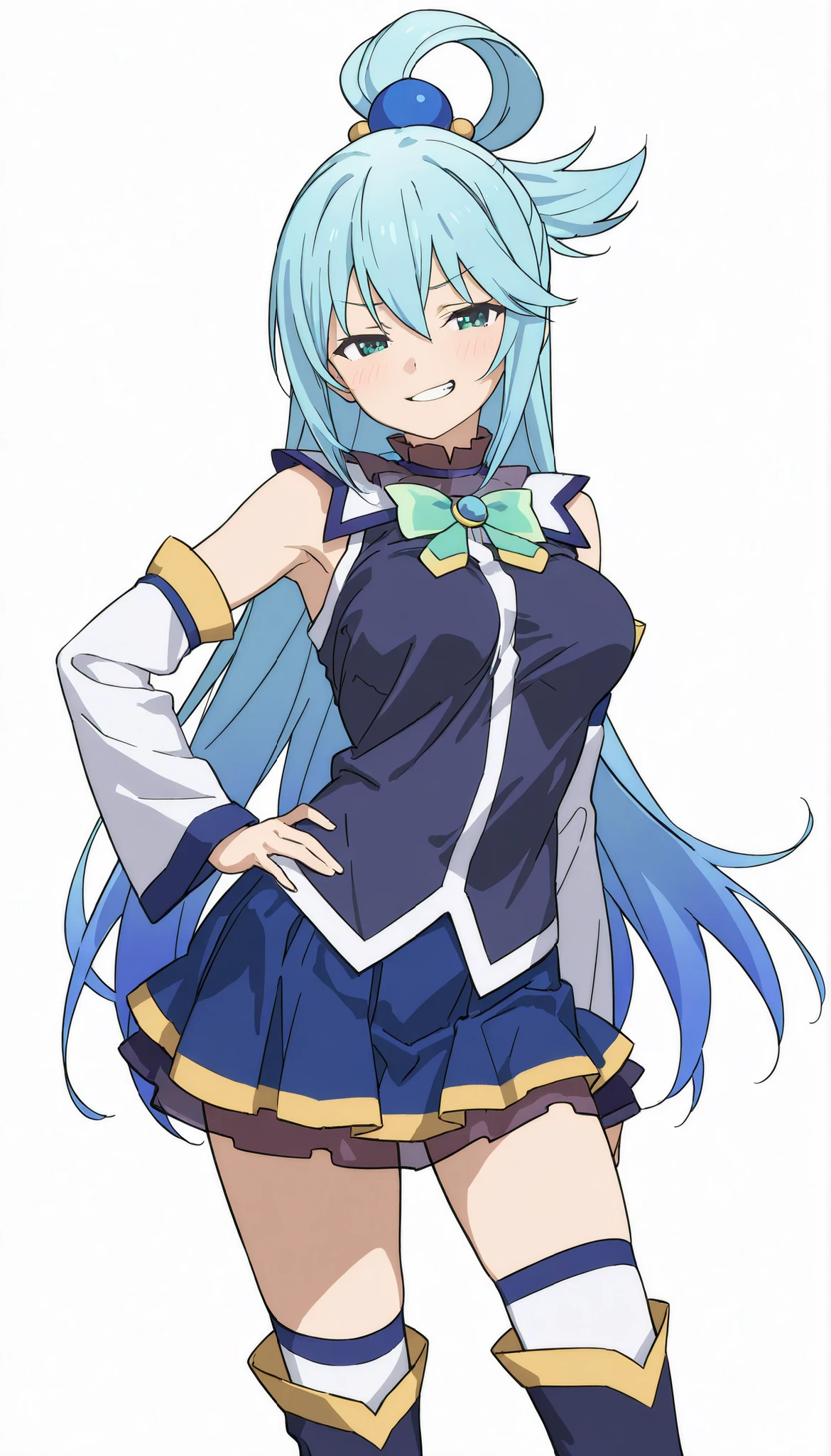 { score_9, score_8_up, score_7_up, } { { } } { masterpiece, high quality, best quality, highres}
BREAK
[ (この素晴らしい世界に祝福を！)_Artstyle_LoRA  : hentai_Artstyle_Lora  :    ]
BREAK
[ 1girl, solo, aqua \(konosuba\), multicolored hair, 2-tones color hair, long hair, emerald eyes, hair ornament,  long hair, blue hair, emerald green streak hair, green gradient hair, hair rings, single hair ring, hair bobbles,
skirt, shirt, thighhighs,  shoulders, detached sleeves, white thighhighs, blue skirt, blue shirt, green bow,,,] [, adult,  perfectly slender body, , ,  ] [  , smirk, hand on hip, , teeth, half closed eyes ]
BREAK
[ White background , blank background, alone ]