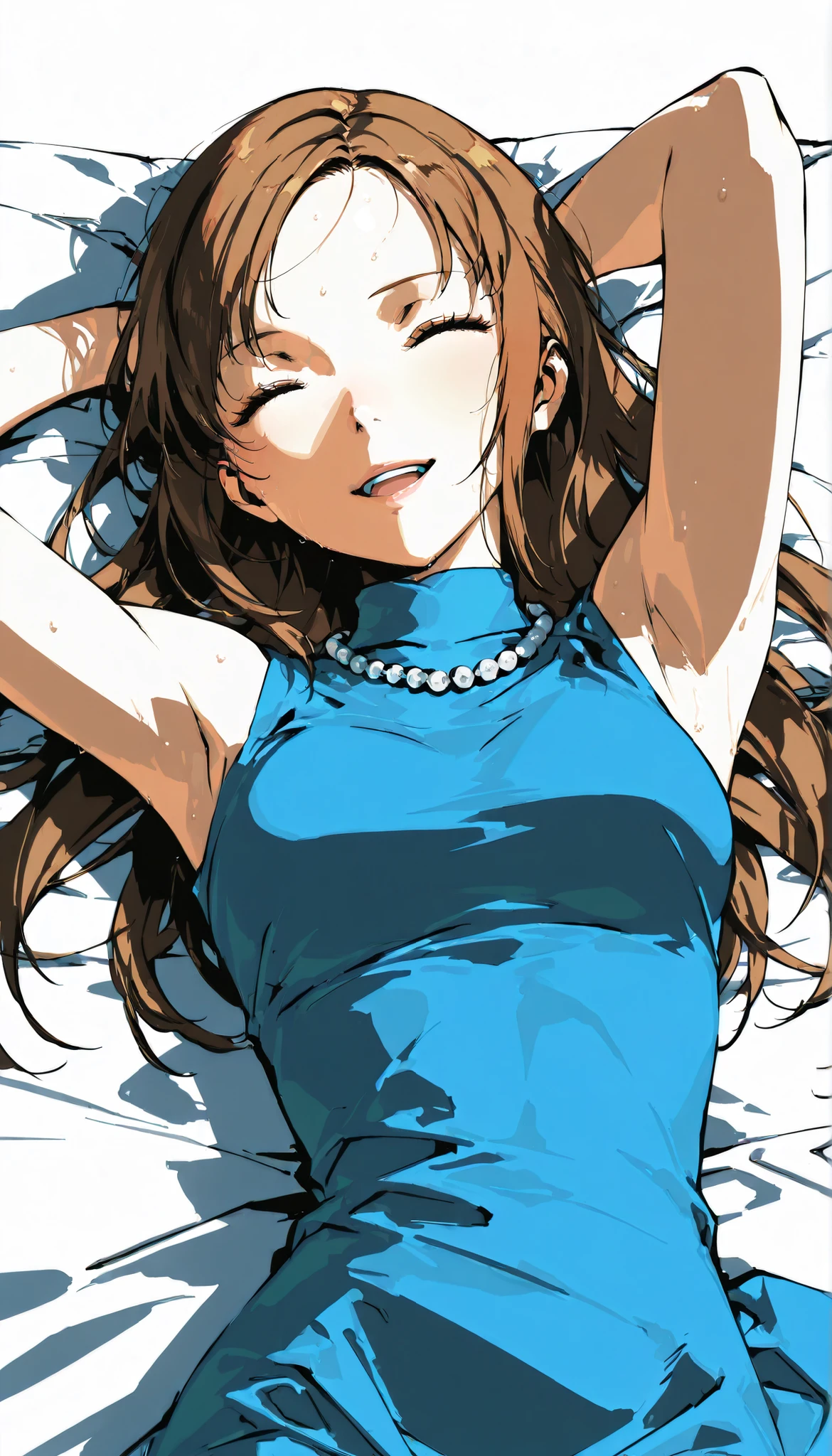 { score_9, score_8_up, score_7_up, } { { } } { masterpiece, high quality, best quality, highres}
BREAK
{ (Soejima_Shigenori)_Artstyle_LoRA : hentai_Artstyle_Lora : : , }
BREAK
{ 1girl, Mika, long hair, brown hair, forehead, sidelock, blue dress, turtleneck, sleeveless, pearl necklace },}{ adult, mature, perfectly fit body, , medium : } { closed eyes, smile, open mouth, lying down in bed, sweating, arms behind head, relief, exhausted }
BREAK
{ Blank background, white background : alone } }