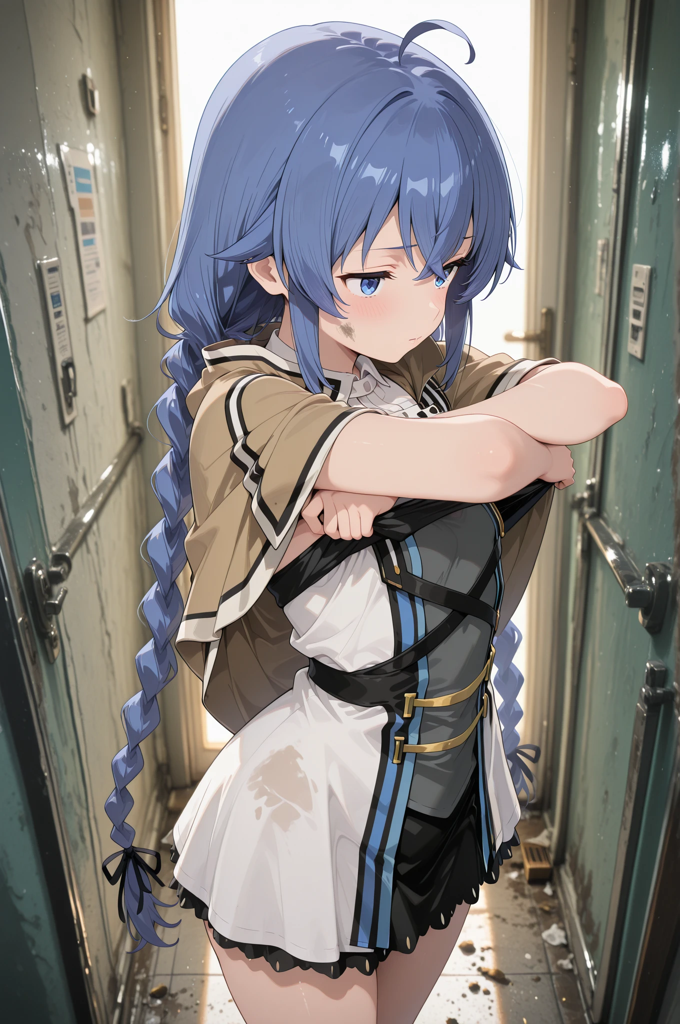 masterpiece, best quality, highres, 1girl euphyllia hair bow yellow bow hair ornament, blue dress white jacket open jacket white capelet white shirt blue bowtie frills standing, Master piece, (best quality), perfect eyes, bound, bondage, (arms behind back:1.4), ????, tape gag, tape, tape bondage, close-up, restrained, standing ,best ???????,