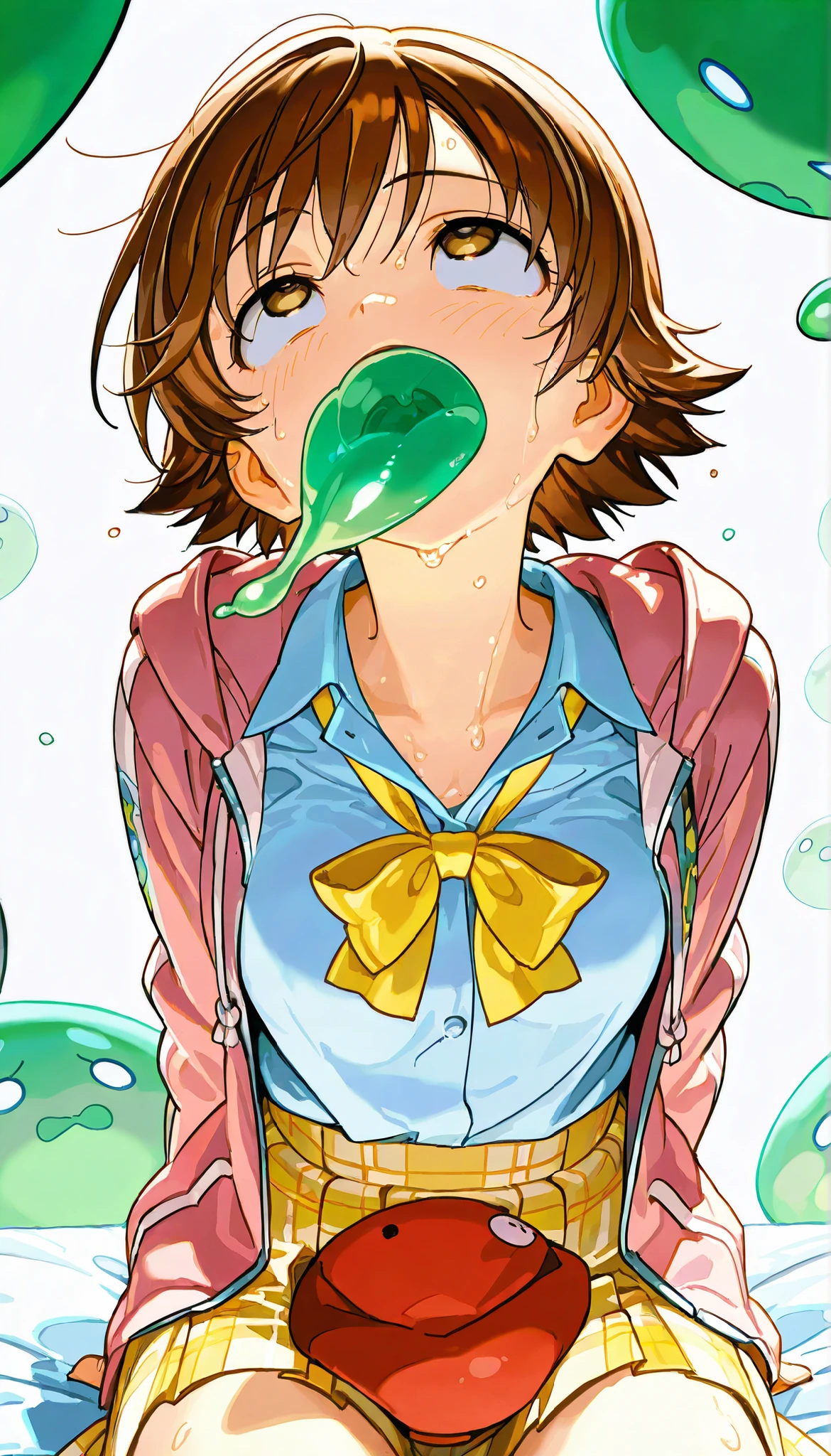 { score_9, score_8_up, score_7_up, } { { } } { masterpiece, high quality, best quality, highres}
BREAK
{ (本田 未央, アイドルマスターシンデレラガールズ)_Artstyle_LoRA : : hentai_Artstyle_Lora : : , }
BREAK
{ honda mio, 1girl, solo, brown hair, brown eyes, short hair, uniform, Hooded Track Jacket, pink hoodie, open jacket, hood down, collared shirt, Yellow Skirt, pleated skirt, plaid skirt, yellow bow tie, loose bow tie }{ young adult, perfectly slender body, , medium : } { Green slime, inside mouth, open mouth, Slime in Mouth, slime possession, constricted pupils,slime entering mouth,wide eyed, head thrown back, , mind control, blank eyes, emotionless} {, sweating, sitting down on bed, exhausted, hands behind back}
BREAK
{ Blank background, white background : alone } }