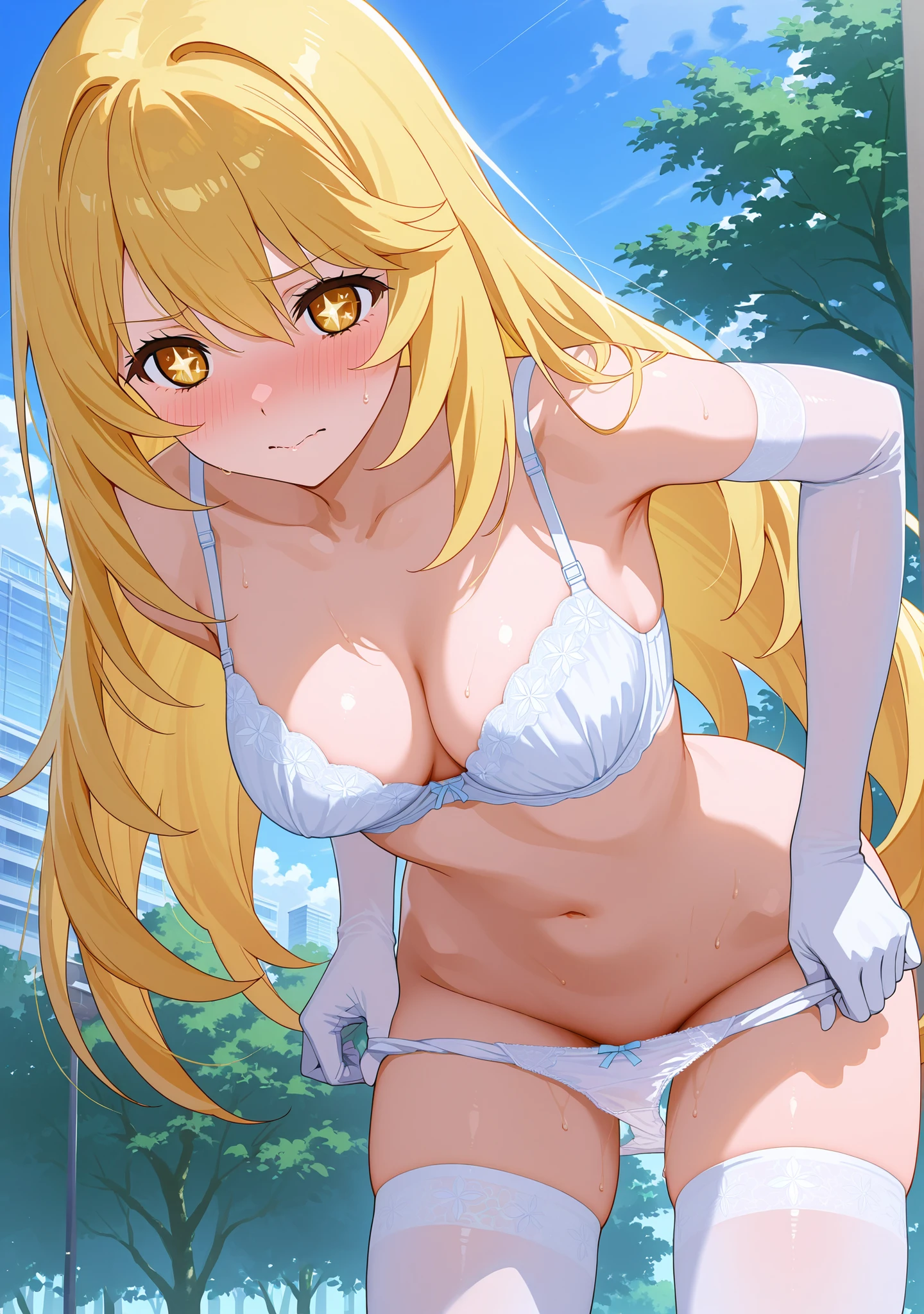 medium breasts、(((shokuhou misaki)))、standing、from below、embarrassed、arm gloves、white gloves、white thighhighs、white bra、white panties、standing、leaning forward、undressing panties、park