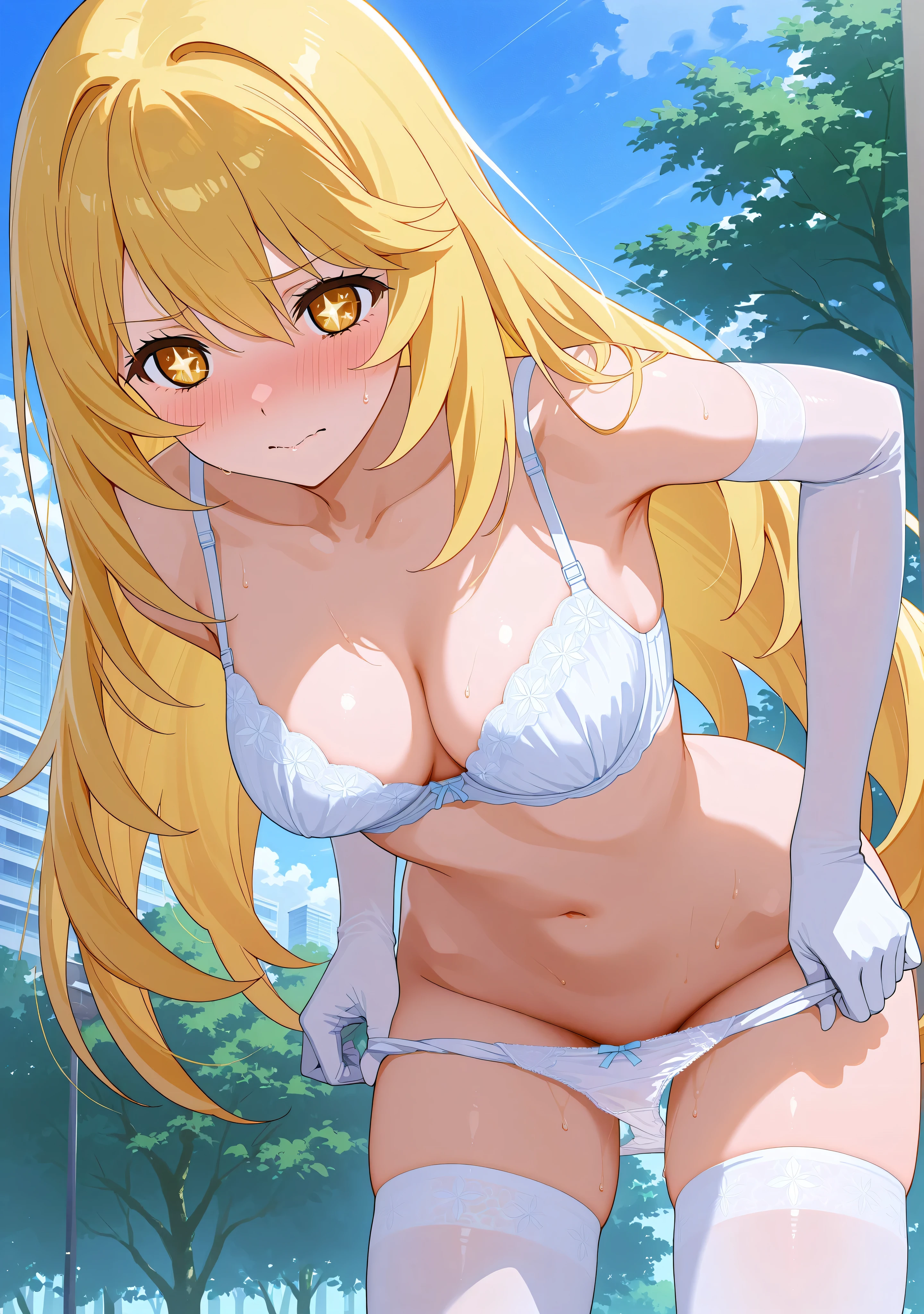 medium breasts、(((shokuhou misaki)))、standing、from below、embarrassed、arm gloves、white gloves、white thighhighs、white bra、white panties、standing、leaning forward、undressing panties、park