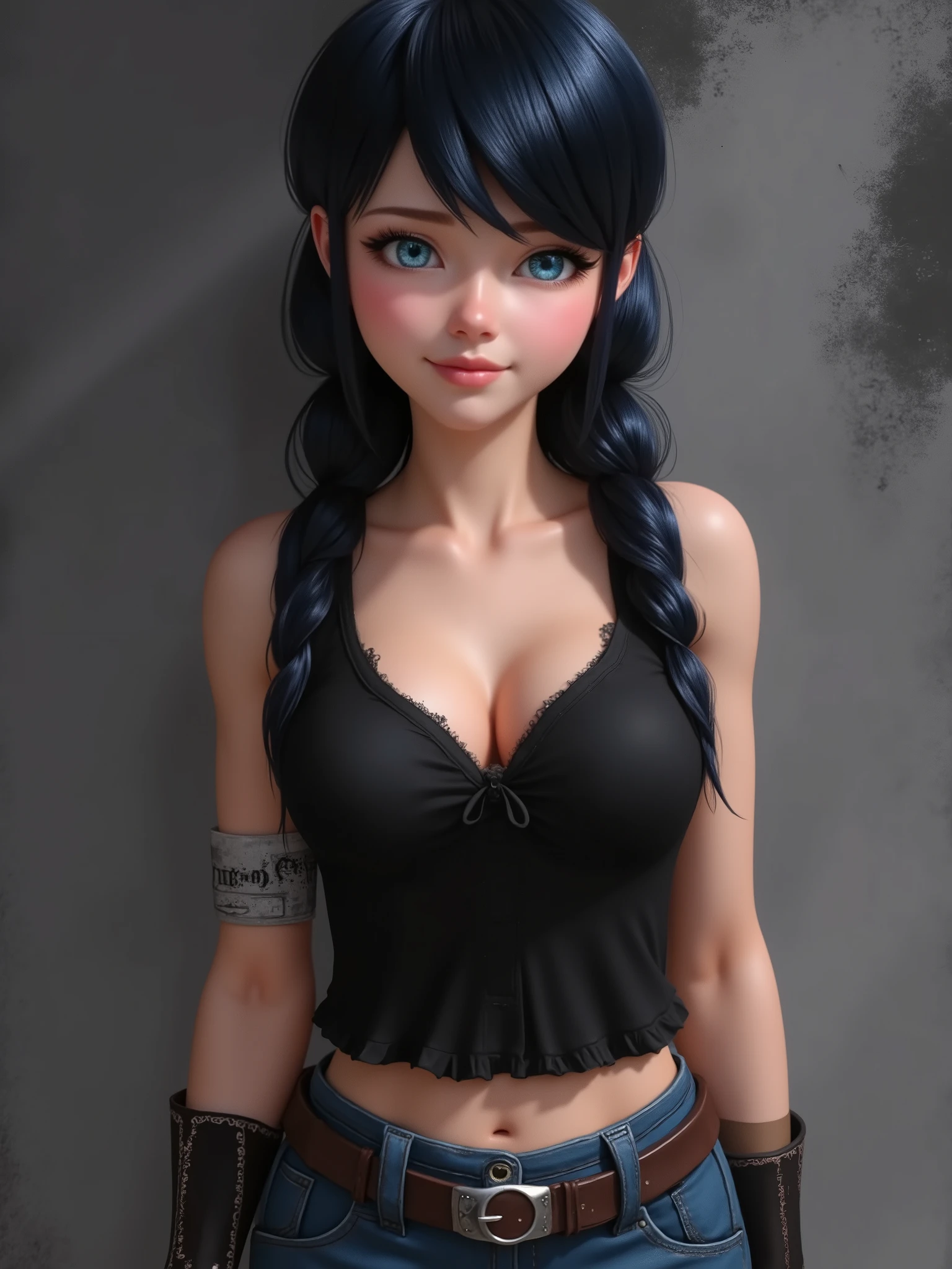 marinette Dopanchan, A very beautiful and cute 22 year old woman with a slight smile. (((Shy smile))), sharp focus on the face, (((Western eyes:1.5))), (((Extremely detailed ice-blue eyes, beautiful eyes, beautifully detailed eyes))), (((delicately detailed thin pink lips))), (((long hair))), (((black medieval steampunk style sleeveless t-shirt))), (((Dark Blue medieval steampunk style leather warrior pants))), (((full body view, dynamic pose, standing:1.5, graceful pose))), (((The background is Dark Gray and painted with expressive, visible textures using dynamic brushstrokes and strokes that add depth and movement. The paint covers only the area just behind the subject. The outer edges of the image with black margins, as if the background had been painted with a brush and with expressive and visible textures using dynamic brushstrokes and strokes fading toward the edges creating a modern and artistic vignette effect))). Cinematic lighting, soft depth of field, (((masterpiece/high resolution/Best Quality/top quality/high quality/UHD/16k quality))), sharp focus, no blur, film grain, bokeh.