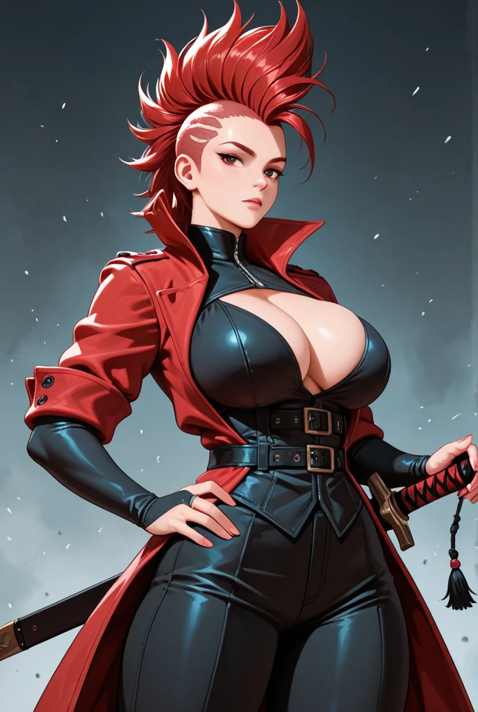 (((Beautiful nipples)、huge tit、Large areola、shinny skin))A MILF  , She picks up the saber blade and attacks. , The background is the battlefield，red hairs、(bright red tight combat uniform)，Microkini，exposing the lower half of the chest,，areola of  , Long coat ,
