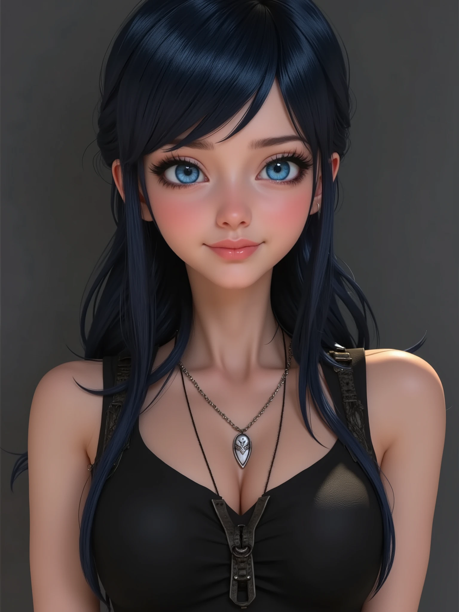 marinette Dopanchan, A very beautiful and cute 22 year old woman with a slight smile. (((Shy smile))), sharp focus on the face, (((Western eyes:1.5))), (((Extremely detailed ice-blue eyes, beautiful eyes, beautifully detailed eyes))), (((delicately detailed thin pink lips))), (((long hair))), (((black medieval steampunk style sleeveless t-shirt))), (((Dark Blue medieval steampunk style leather warrior pants))), (((full body view, dynamic pose, standing:1.5, graceful pose))), (((The background is Dark Gray and painted with expressive, visible textures using dynamic brushstrokes and strokes that add depth and movement. The paint covers only the area just behind the subject. The outer edges of the image with black margins, as if the background had been painted with a brush and with expressive and visible textures using dynamic brushstrokes and strokes fading toward the edges creating a modern and artistic vignette effect))). Cinematic lighting, soft depth of field, (((masterpiece/high resolution/Best Quality/top quality/high quality/UHD/16k quality))), sharp focus, no blur, film grain, bokeh.
