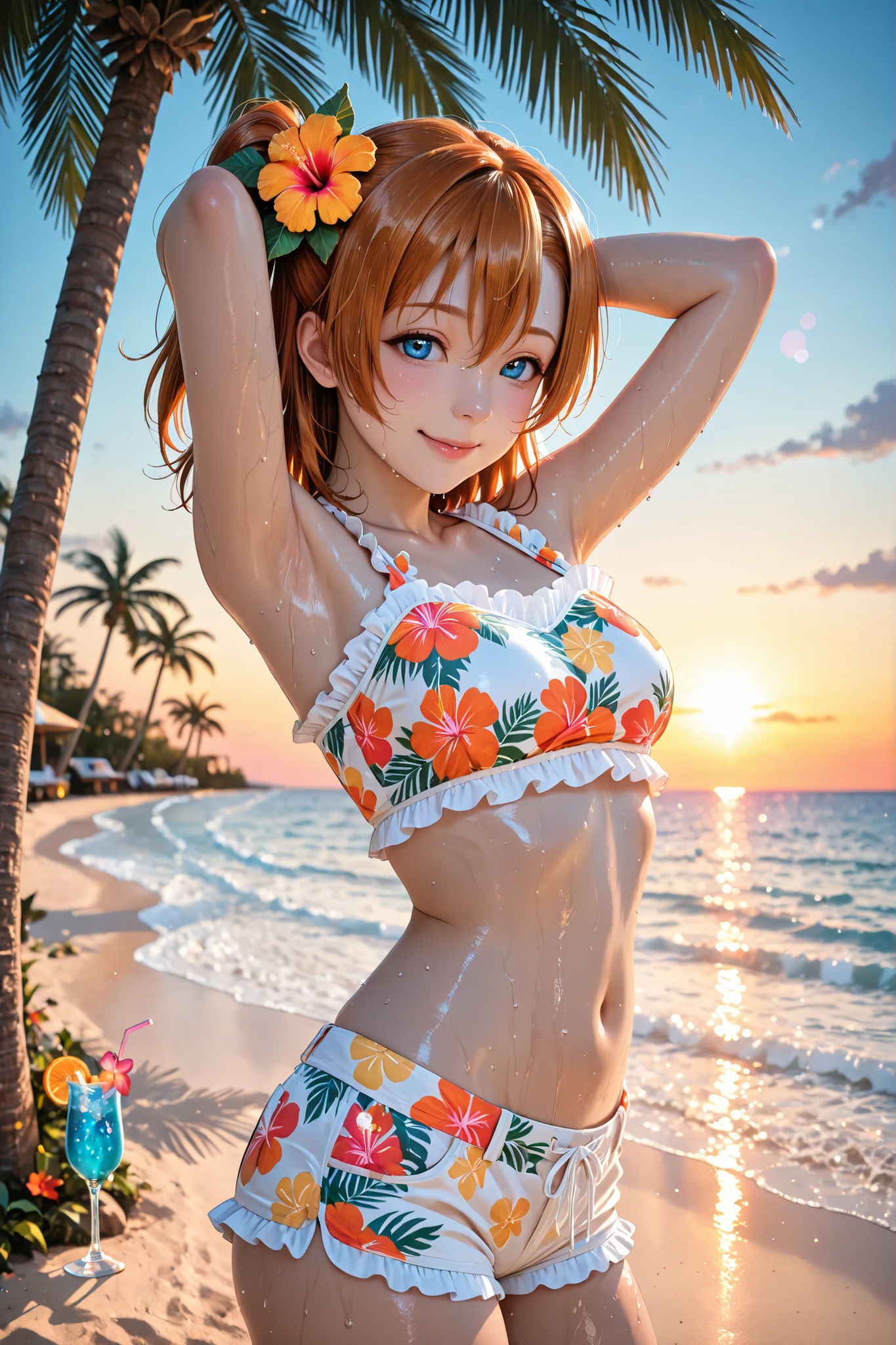 Seductive pose, sweating,love live, anime, outdoors, natural expression , beautiful face, natural lighting, kousaka Honoka,sporty bikini, crop top bikini, frilled straps, boy shorts, orange floral print, hibiscus print, hibiscus hair ornament, smile, arms behind head, carefree,ocean horizon, sunset, golden hour, sparkling water, palm tree shadow, tropical resort, lens flare, tropical drink, summer sky,wet