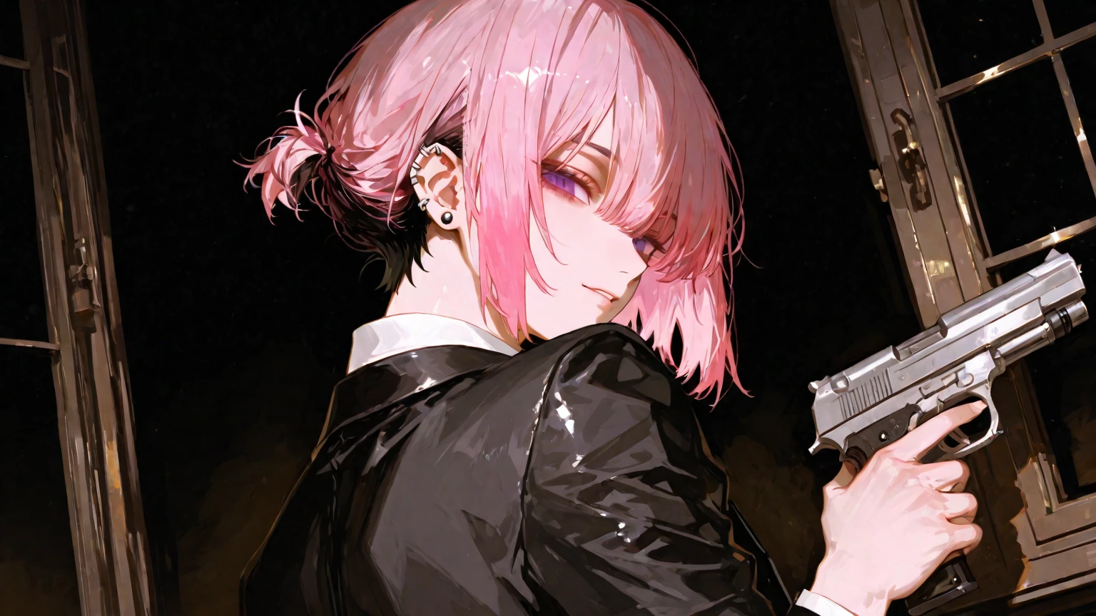 Cool women、sexy、Center of chest、Rize from Chainsaw Man、beauty、Yandere、、Face close-up、Kiss with your eyes closed、Chest tattoo、Hold a handgun、Christian Dior Necklace、ponytail、Pink hair、
