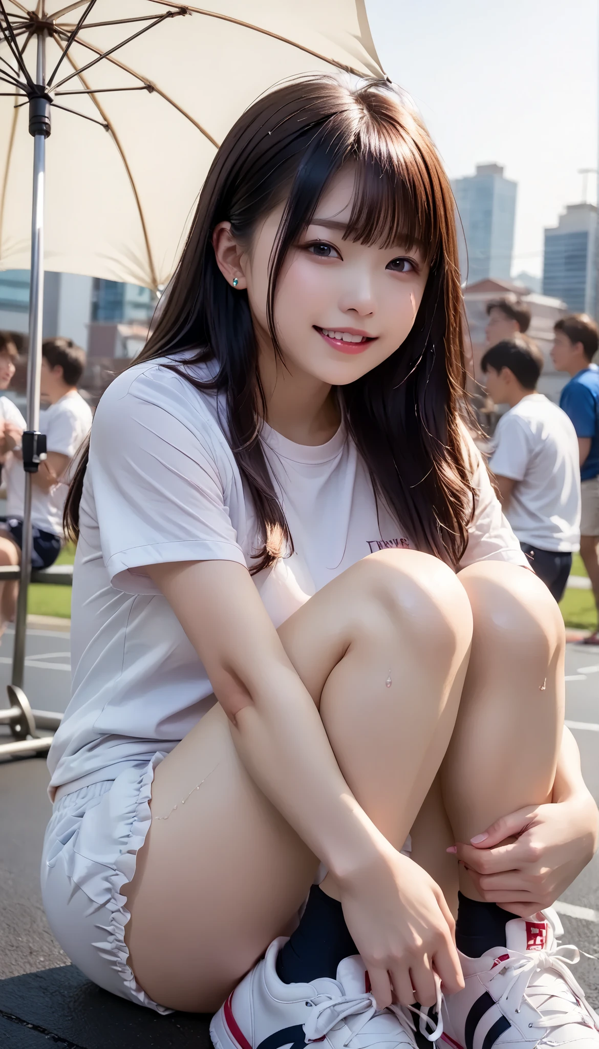   top quality 、high quality 、 最High precision、High precision、8K quality、high image quality 、top quality、 masterpiece 、immersive video、 very realistic image 、Realistic Paintings、 perfect detail 、 high contrast 、High Fidelity、 perfect and unblurry pictures、close to reality、 images with lots of detail、 Detailed and realistic weapons 、 exquisite and realistic human skin 、 realistic face in every detail、 realistic eyes with attention to detail 、   Realistic Lips Drawn in Details  、 detailed and real teeth、Real ears、 Realistic Hair 、 nipples、Mansuji、((Japanese model))､((high school girl))、((Young face))、((dark haired))、((medium rounded breasts))、((stylish body ))、((( My whole body sweats  )))、(((for women whose whole body is sweaty from head to toe)))、(( Outdoors ))、(((Wear a classic latex bloomer＆Wear a white t-shirt＆wearing white sneakers)))、(((wear a low-waisted latex bloomer＆Wear loose T-shirts＆wearing white sneakers)))、(((汗で濡れているWear a classic latex bloomer＆Wear a Sweaty White T-shirt)))、(((薄手で張り付き感のあるwear a low-waisted latex bloomer＆wear loose fit gym clothes that are thin and tight)))、((Under the intense heat of midsummer,in the city with an umbrella))、(((sit in a triangle with her  on the ground)))､((( look at her from the front )))