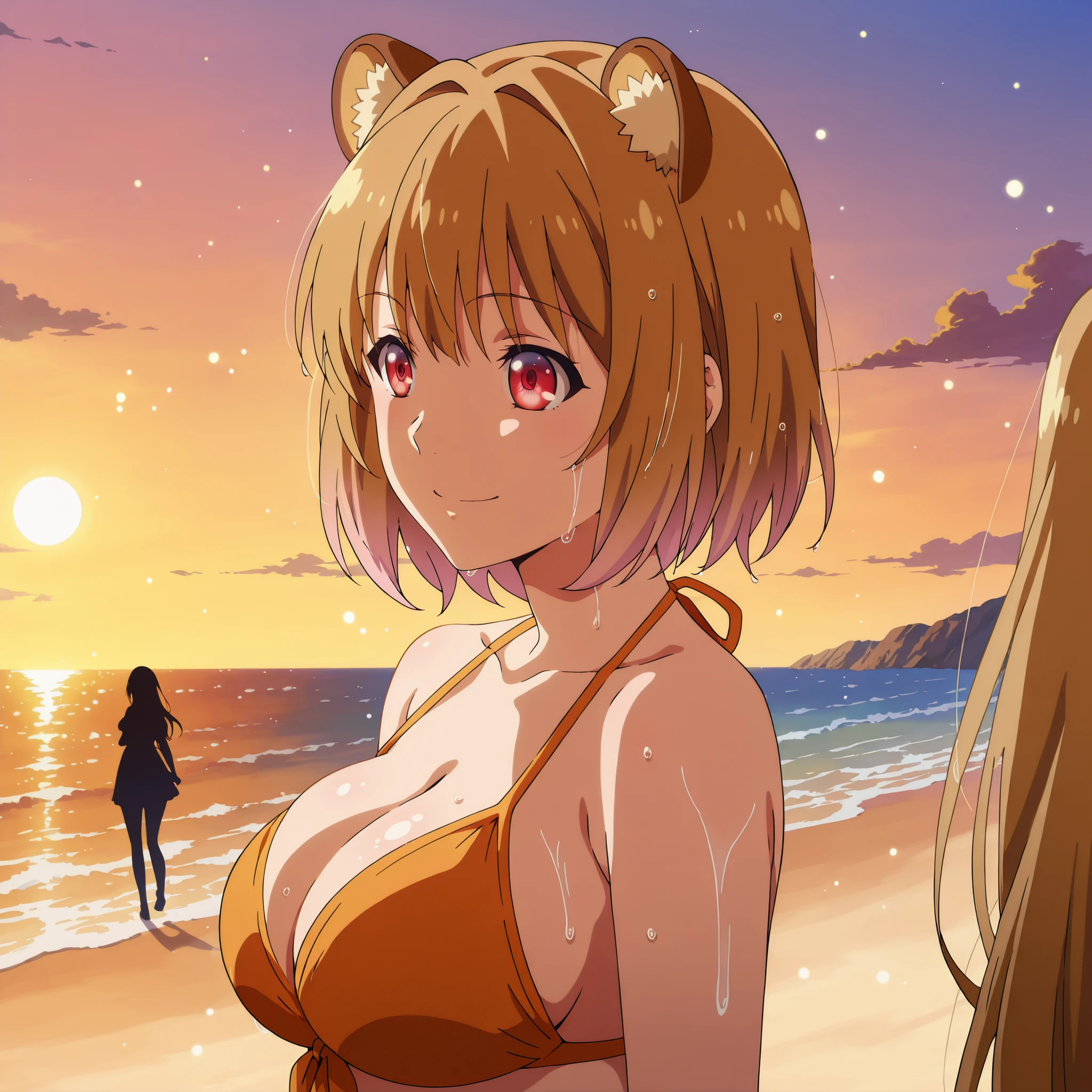 Kikyou Kushida, cabello marrón corto, sonrisa petulante, red eyes glowing softly, raccoon ears  in the same warm brown tone. Slender body with a voluptuous silhouette, wearing a orange bikini with delicate pink highlights.
She strides boldly along a moonlit tropical beach, the crystal ocean behind her shining like glass. Her smile is confident and quietly mischievous.
Her wet skin glows with subtle bluish highlights; the air around her is thick with humidity, soft drifting haze, and tiny luminous particles. Ultra-detailed anime art, cinematic lighting, hyper-polished rendering, full-body 4K image, masterpiece-level quality, highly realistic wet-skin effects.