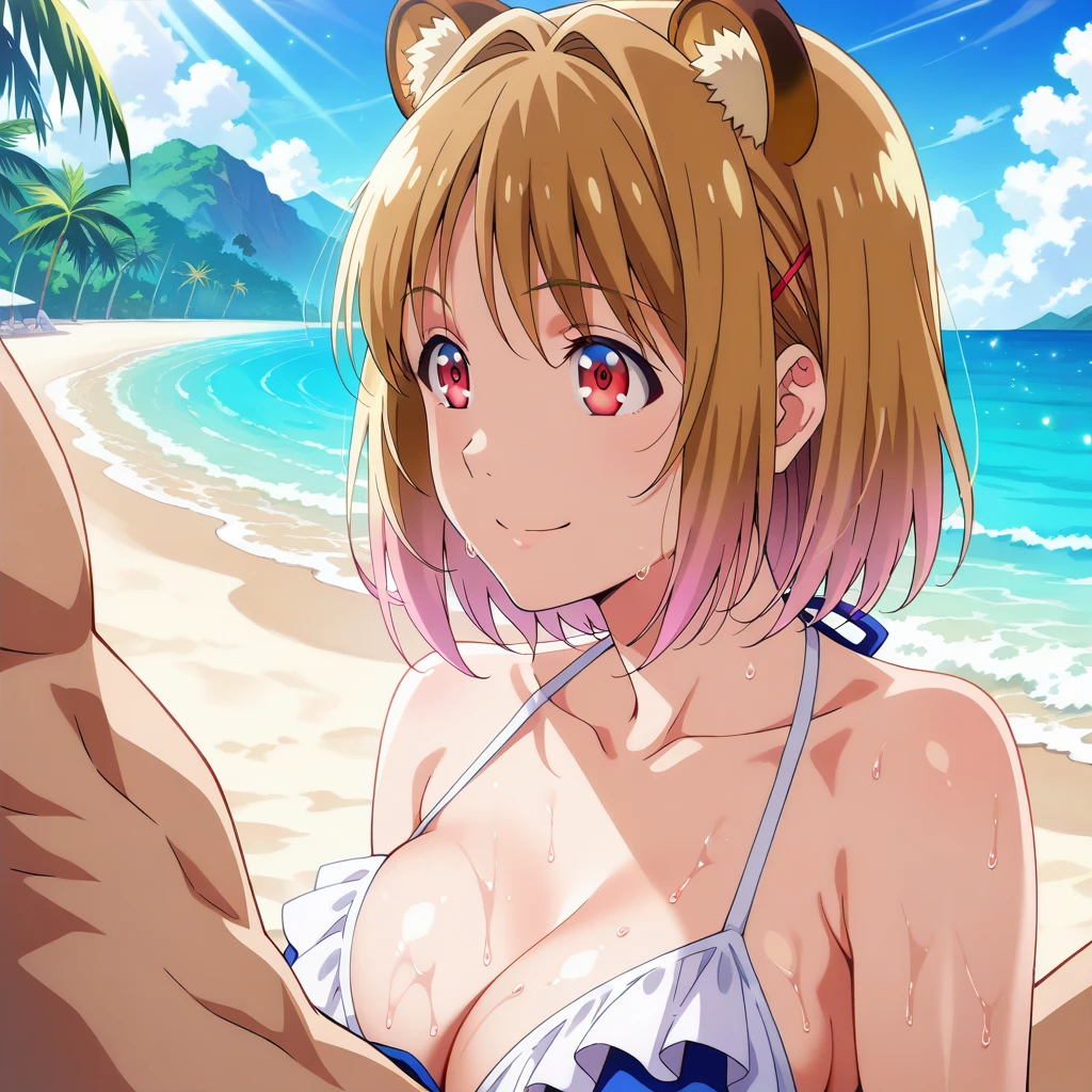 masterpiece, super fine illustration, best quality, light particles, ultra-detailed, 8K wallpaper, (bright colors:1.2), (adult woman),  body, (big breasts), ((blonde long hair)), twintail, two side up hair, scrunchie, disheveled hair, shiny hair, (beautiful green eyes, shiny eyes, slant eyes), (sunglasses on head), (dark tan skin:1.3), shiny skin, oily skin,  smile, (heart), (blush), (leopard pattern bikini, ), (()), ( ), (man), (woman sit astride on man), (woman on top), (:1.2), hetero, man in below, (intense :1.6), ( out), (ass pov), outdoor, beach, sea, sunlight, ,(())、((Heart Pupil))、((Trembling with ))、Sticking out tongue、Opening his mouth wide、Drooling、Sweat