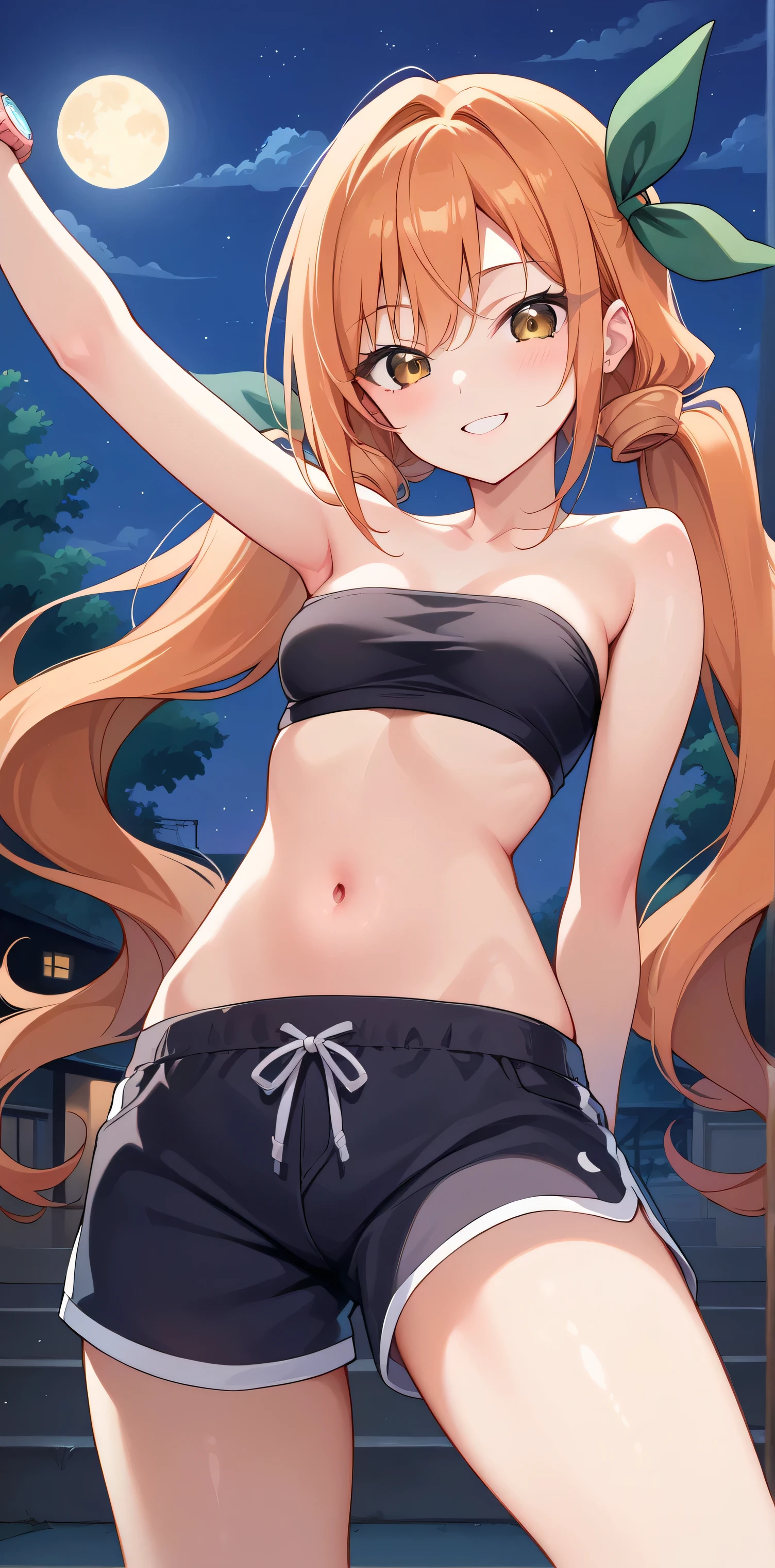 girl, fit girl, karane_inda, 22yo, brown eyes, orange hair, very long hair, low twintails, green ribbon, hair ribbon, score_9, score_8_up, score_7_up, source_Anime, masterpiece, top quality, Small Breasts, Fancy fixes, black tube top, white dolphin shorts , belly button, Watch viewers, standing in the middle of the crowd, night city background , (night scene1:2), smile, socks, Loose socks, gets punched in the face,
