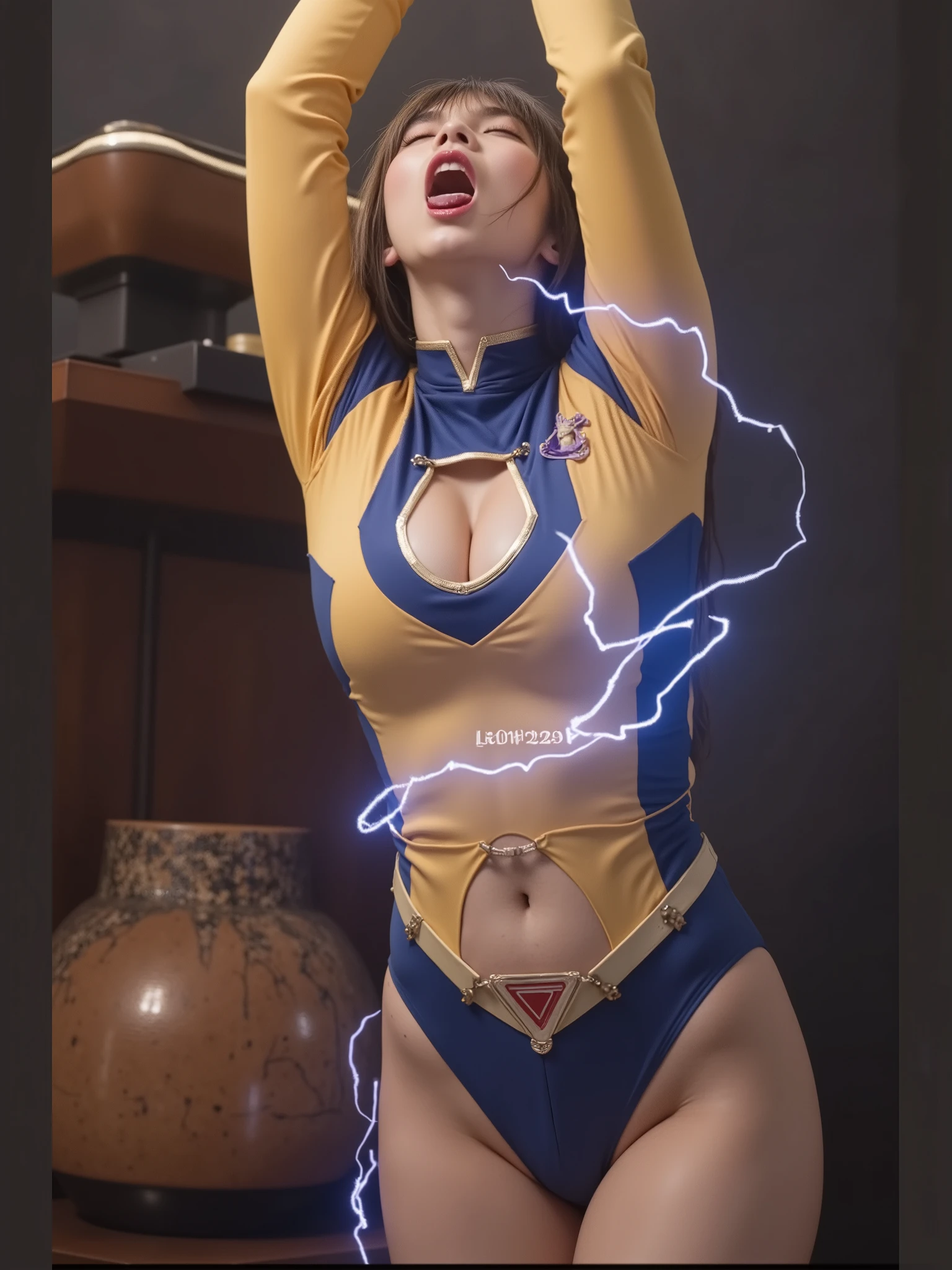 太陽の戦士レオーナ 、牧野真莉愛、leona,long hair,brown hair,medium breasts,22yo,mature female,thick thighs,
Clothes: highleg,cleavage cutout,white boots,wristband,leotard,navel,skin tight,blue gloves, (might need "long sleeves")

((セクシーなコスプレ美女が頭上で手首を拘束されている、電気ショックを受けて電気スパークが見えている))、((足を大きく広げている、股間がびっしょり濡れている、her pussy is wet))、(the expression of climax from sexual satisfaction, Eyes closed, Mouth open, sweaty skin), (Furrowed eyebrows, closing eyes, open mouth, face facing upwards)、(drooling, watery eyes, she feels ecstasy) ,体がのけ反っている、arched back, ((足元からの撮影、超ローアングル、from bellow, focus on between legs, ground level shot)、（解剖学的に正確な構造）
