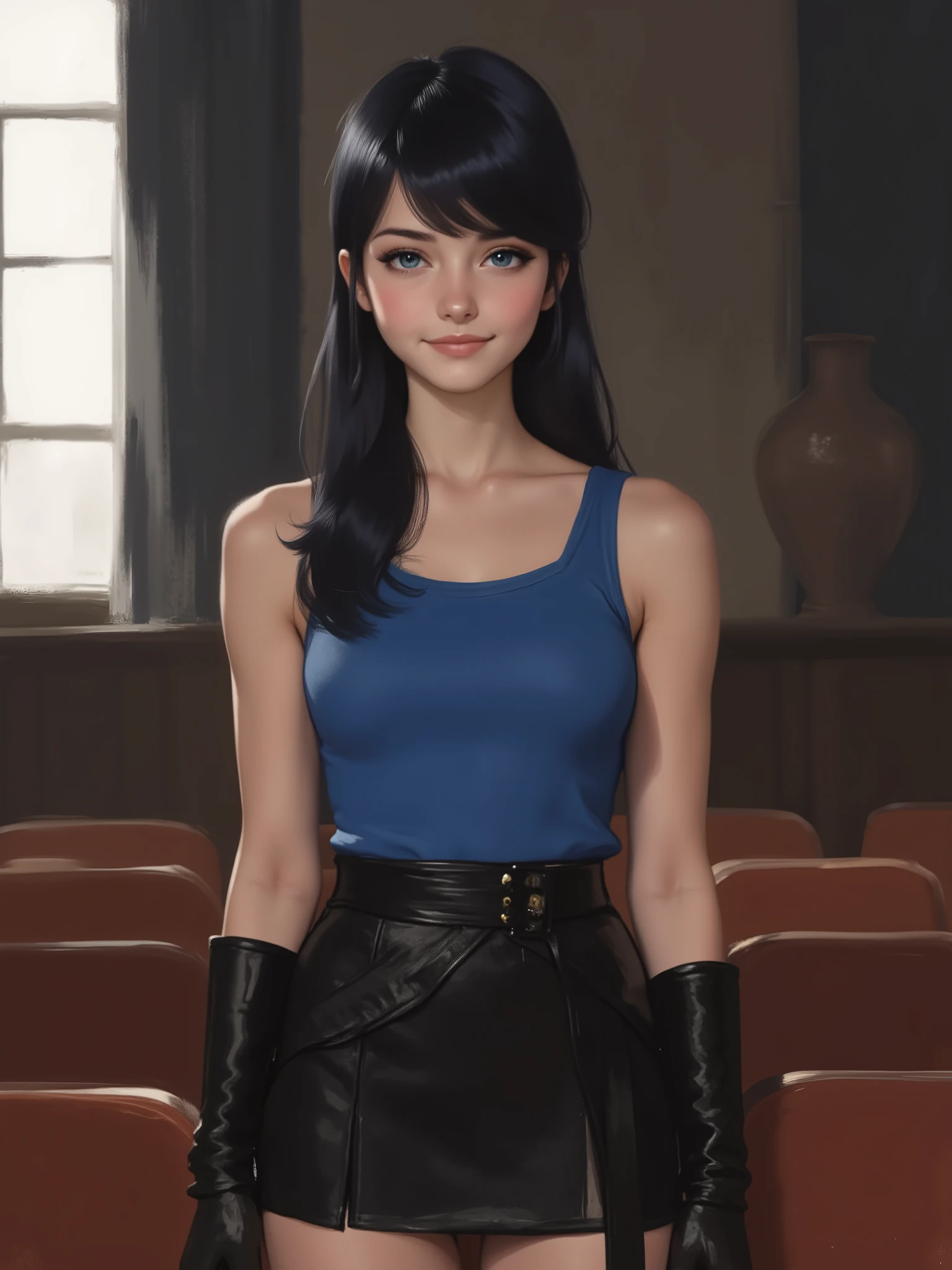 sketch painting, realistic cartoon, marinette Dopanchan, A very beautiful and cute 22 year old woman. (Sharp focus on the face:1.5), (blue eyes:1.5), (((western eyes))), (extremely detailed blue eyes:1.5), (((beautiful eyes, beautifully detailed eyes))), (((delicately detailed thin pink lips))), (((long hair))), (thin waist), (perfect thighs:1.5), (perfect body:1.5), (perfect anatomy), (anatomical correct). (Brandeis_blue medieval style sleeveless t-shirt:1.5), (jet-black medieval style leather warrior short skirt:1.5), black thigh-high boots, slight smile. The woman is auditioning in an empty theater. Cinematic lighting, vibrant colors, (cowboy shot:1.5, standing:1.5), (full body view), looking at the viewer, dynamic pose, graceful pose, soft depth of field, (masterpiece:1.5), (best quality:1.5), (((high resolution, top quality, high quality, UHD, 16k quality))), sharp focus, no blur, film grain, bokeh.