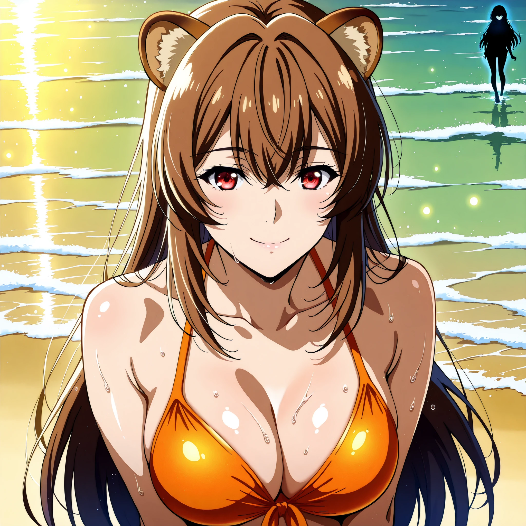 Honami Ichinose de Classroom of the elite. cabello largo castaño claro , sonrisa petulante, red eyes glowing softly, raccoon ears in the same warm brown tone. Slender body with a voluptuous silhouette, wearing a orange bikini highlights.
She strides boldly along a moonlit tropical beach, the crystal ocean behind her shining like glass. Her smile is confident and quietly mischievous.
Her wet skin glows with subtle bluish highlights; the air around her is thick with humidity, soft drifting haze, and tiny luminous particles. Ultra-detailed anime art, cinematic lighting, hyper-polished rendering, full-body 4K image, masterpiece-level quality, highly realistic wet-skin effects.