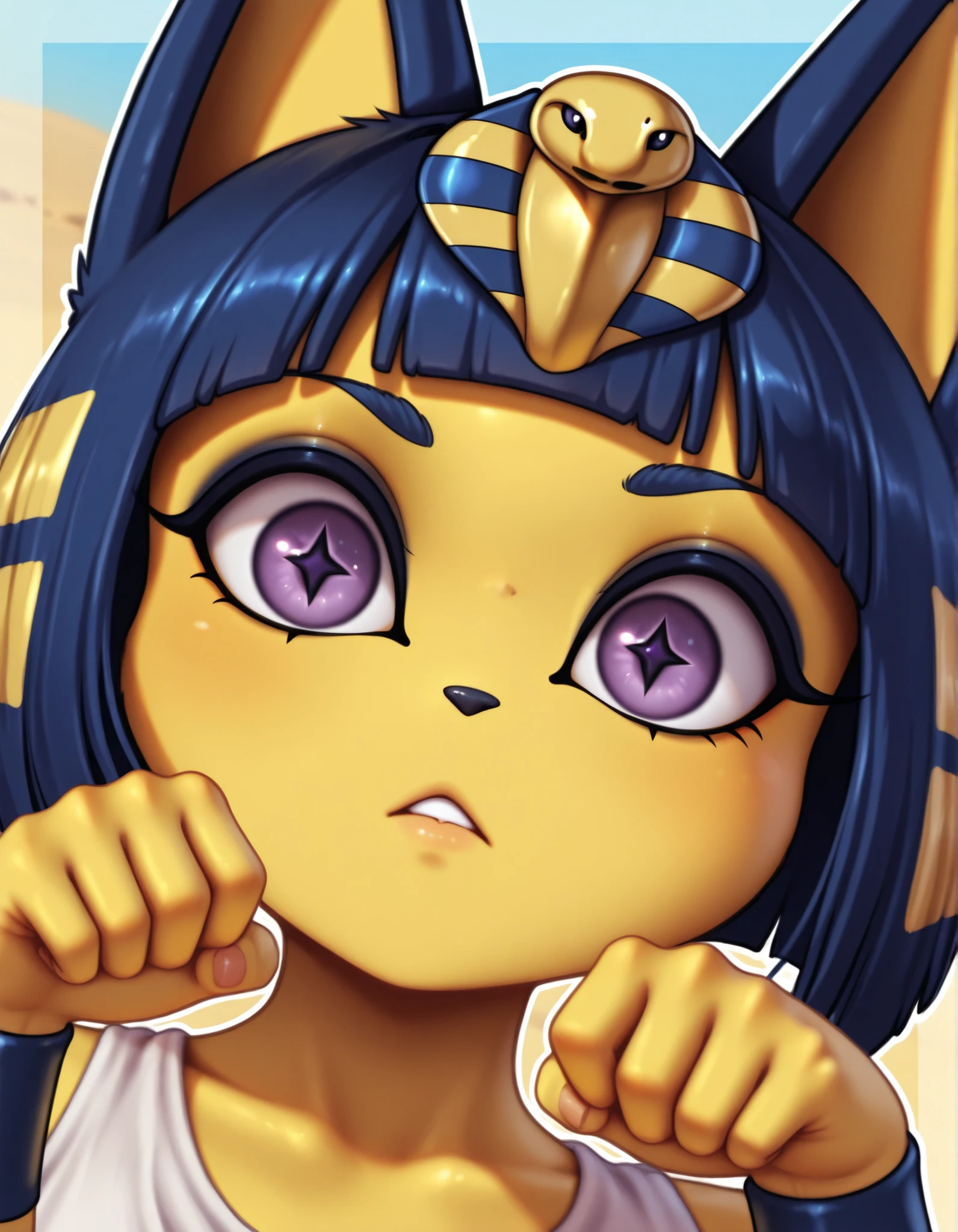 auralesustyle,, depth of field, 1girl, furry, ankha \(animal crossing\), expressionless, eye reflection, yellow background, yellow theme, blue background, desert,, purple eyes, glowing eyes, wide-eyed, paw pose, looking at viewer, close-up, parted lips,