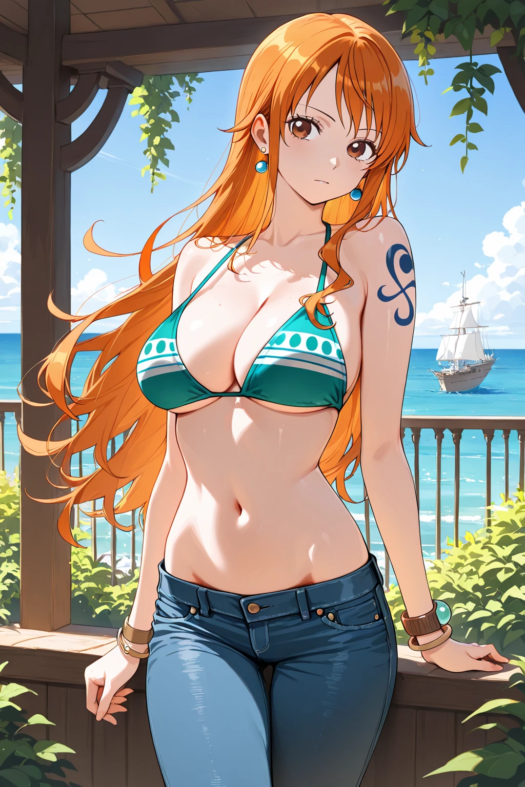 nami, one piece,
1girl, bangle, bangs, bare shoulders, belt, bikini, bikini top only, blue sky, caribbean worlds background, ship handrail, pirate ship, ship handrail, bracelet, breasts, brown eyes, bubble, cleavage, cloud, cowboy shot, day, denim, earrings, floating hair, green belt, green bikini, groin, jeans,  jewelry, large breasts, log pose, long hair, looking at viewer, navel, orange hair, pants, shoulder tattoo, sidelocks, sky, smile, solo, standing, stomach, swimsuit, tattoo on shoulder, ((masterpiece)), <lora:nami:0.5>