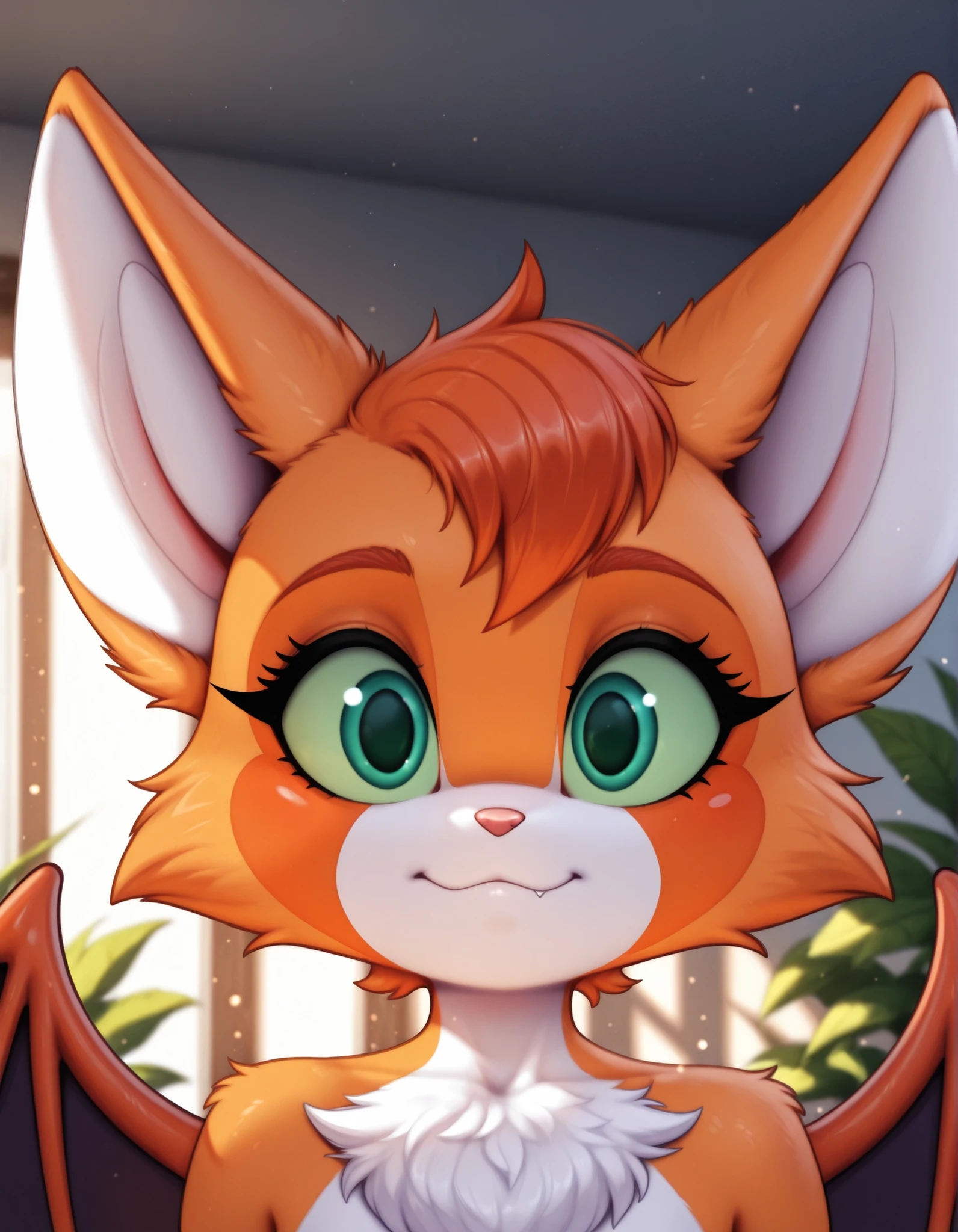 auralesustyle,, masterpiece, best quality, very aesthetic, (1girl:0.7),, (solo:1.3), furry, fidget \(elysian tail\), nimbat, fidget_daet, anthro, furry female, wings, tail, green eyes, colored sclera, bat wings, facial markings, orange fur, white fur, two-tone fur,membranous wings, fluffy, portrait, big eyes, young, BREAK, masterpiece, best quality, high quality, particles effect, [:by Desubox:0.15], [:by Anchee, by Snowskau:0.55], detailed background, detailed foreground, subtle shadows, depth of field, backlighting, plant, nude