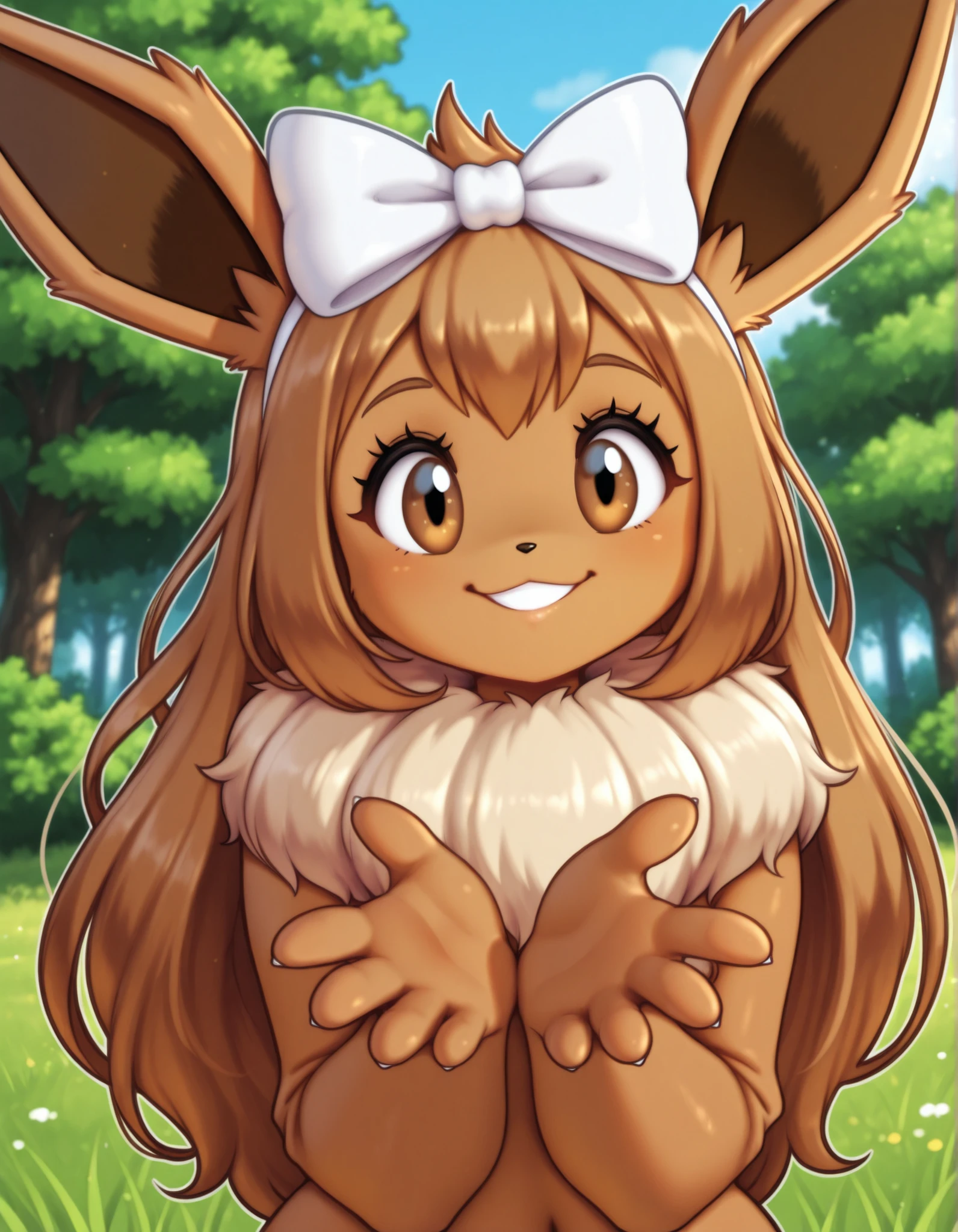 auralesustyle,, pokekid, eevee, fluffy girl, furry girl, female, smile, smiling, has a big pretty bow in her hair, has animal paws for hands, 1girl, best quality, outdoors, high definition, cute,