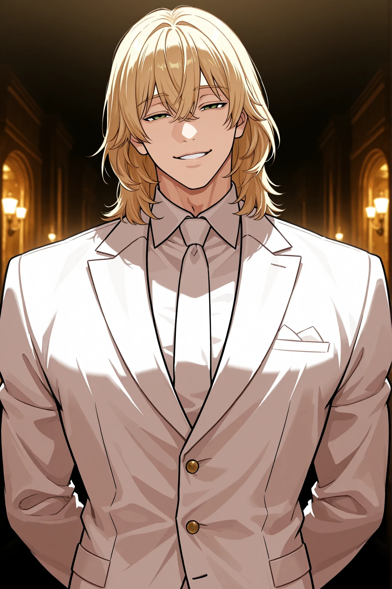 1 male, alone, handsome, muscular, medium hair, blonde hair, bangs between the eyes, green eyes, squinting eyes, emotionless look, playful smile, niceful impression, fake, white suit, head up, upper body, looking at viewer, arms behind back, boss vibes, mafia scenery, close-up