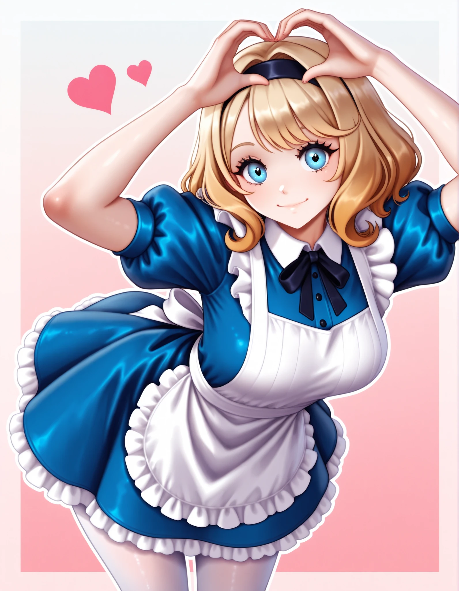masterpiece, best quality, auralesustyle, heart, arms up, heart hands, looking at viewer, leaning forward, AliceWaifu, blonde hair, blue eyes, white apron, blue dress, puffy sleeves, white pantyhose, hairband