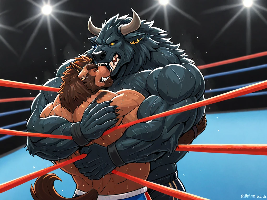 Duo male fighters(Brown Dog vs Brown Dog, handsomes, perfect eyes, Thick eyebrows), beso gay(kneeling around his neck , Trying to escape with a hurt expression, in a UFC match), hot(Full body, ), handsomes(They are handsomes, correct ), musculosos(Big muscle bodies, Six packs, muscle abs, big pecs, muscle legs, muscle backs), sweaty(very sweaty wet bodies), tatuajes(they have tattoos), Angry(They have an angry expression), UFC gloves(They both are wearing UFC gloves), Boxers(They are wearing Black boxers, big bulges), Hight resolution, Black background 