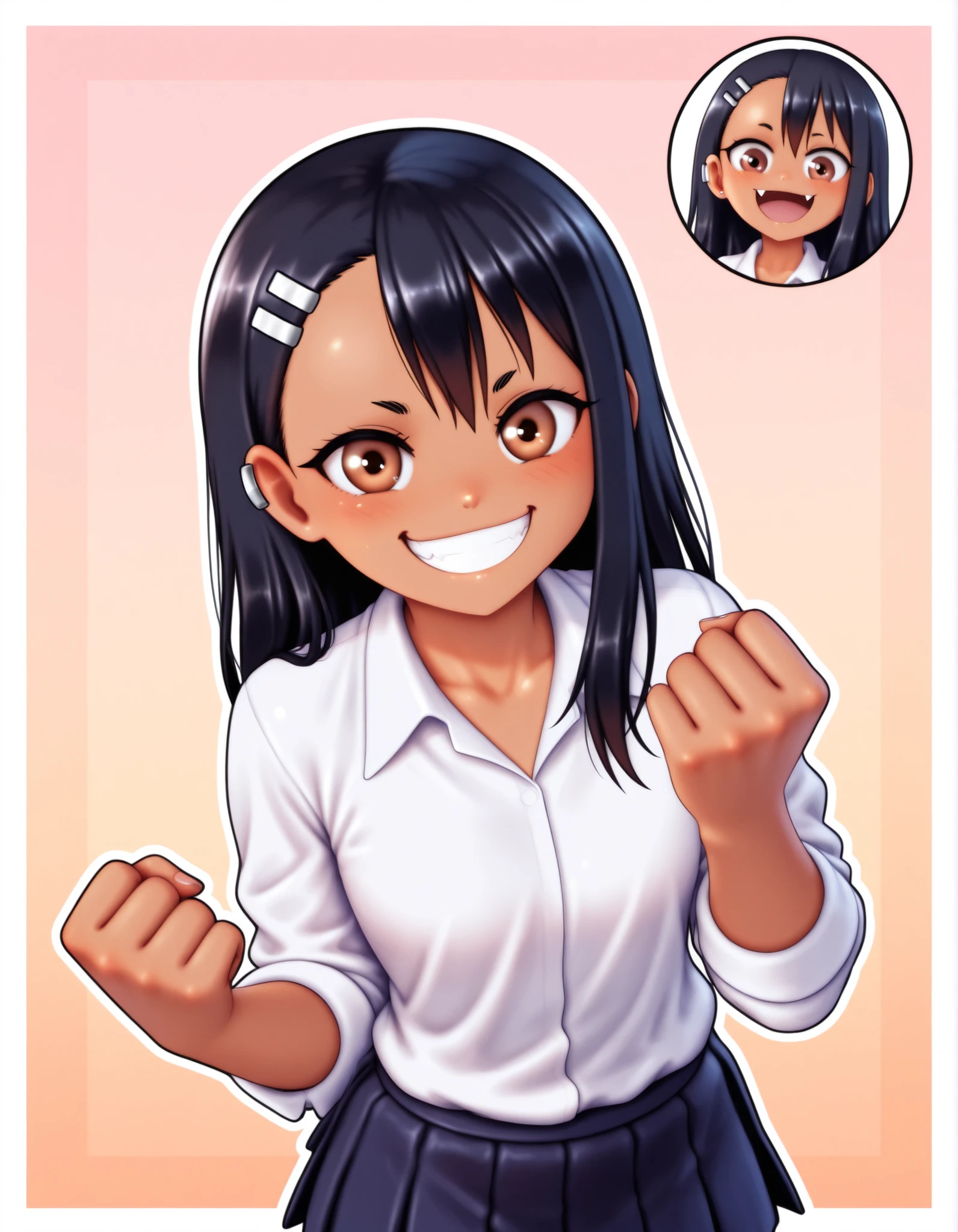 auralesustyle,, hayase nagatoro, big smile, standing, white outline, fist, outline, earring, petite body, white shirt, skirt, brown eyes, female, 1girls, highres,, border, high resolution, hi res