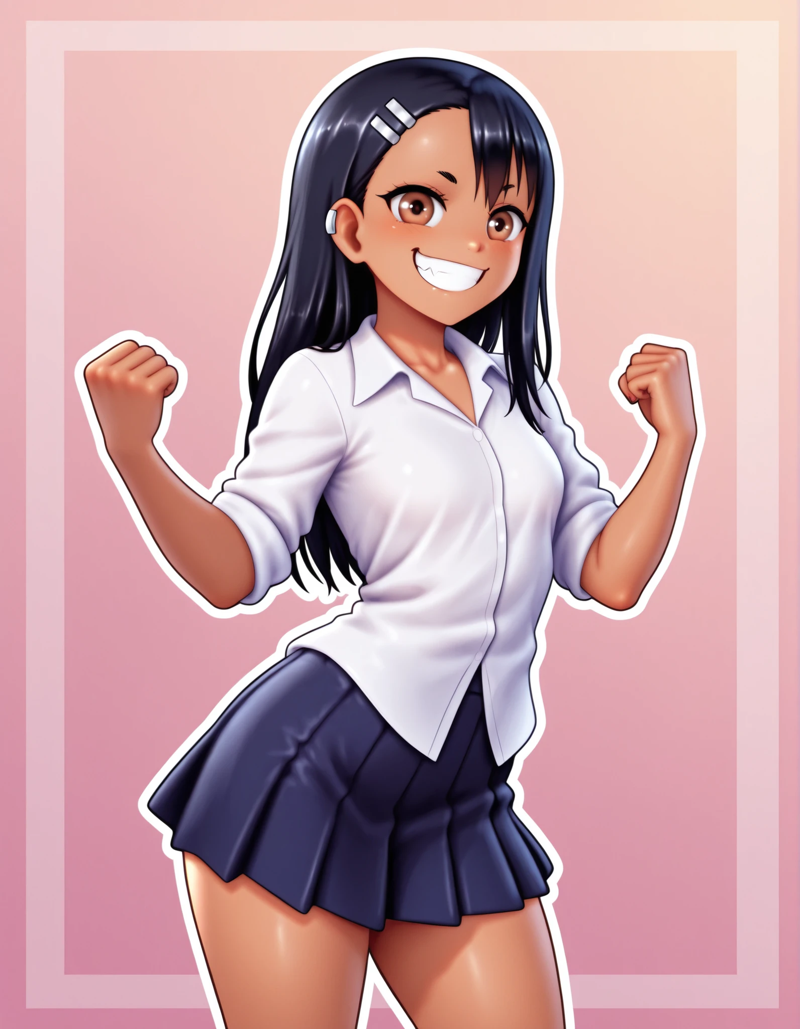 auralesustyle,, hayase nagatoro, big smile, standing, white outline, fist, outline, earring, petite body, white shirt, skirt, brown eyes, female, 1girls, highres,, border, high resolution, hi res
