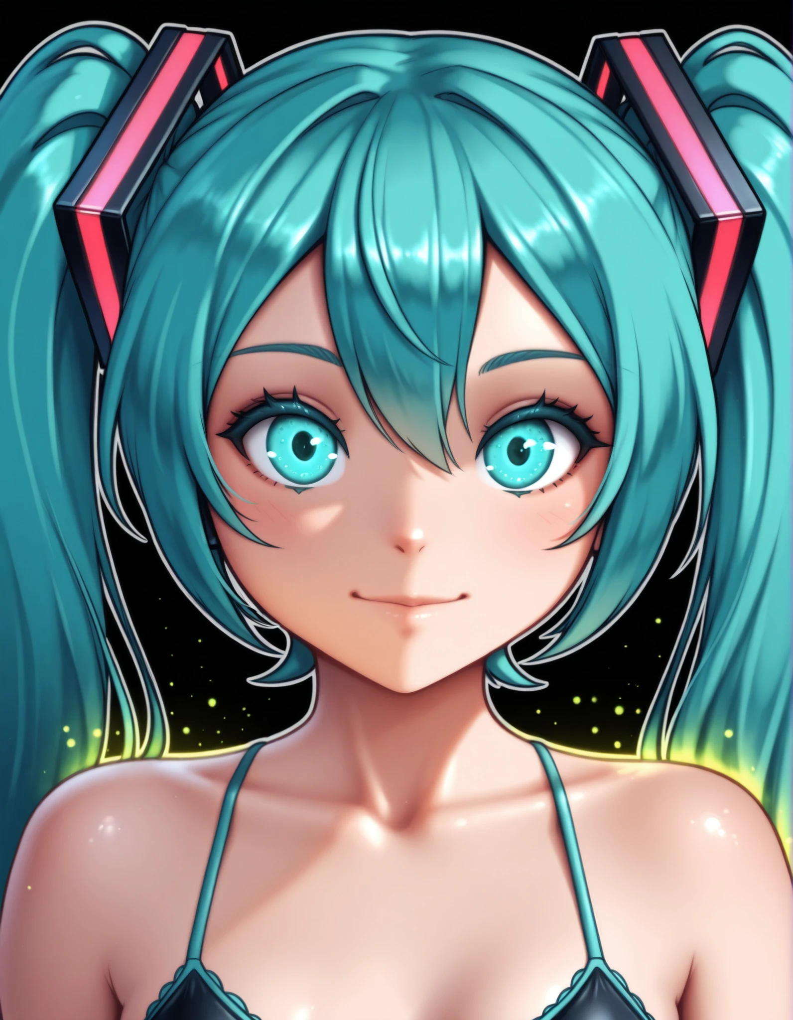 auralesustyle,, Hatsune Miku, limited palette, black background, colorful, vibrant, glowing outline, neon, blacklight, looking at viewer, masterpiece, very aesthetic