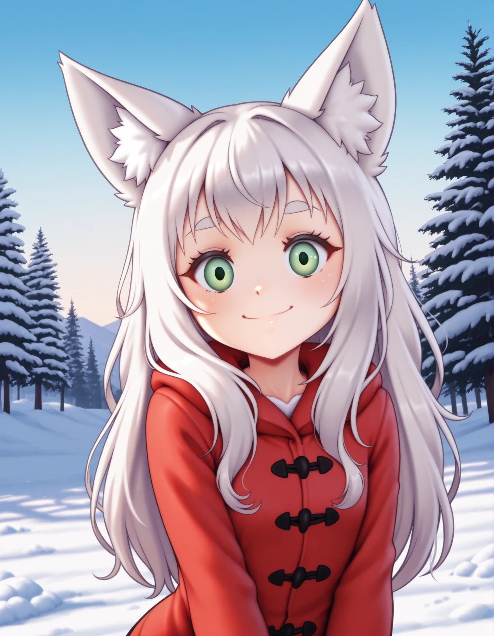 auralesustyle,, anime, solo, BREAK, young fox girl, skinny and frail, (petite,cute:0.5), green eyes, looking at viewer, long hair, white hair, smile, winter clothes, outdoors, winte