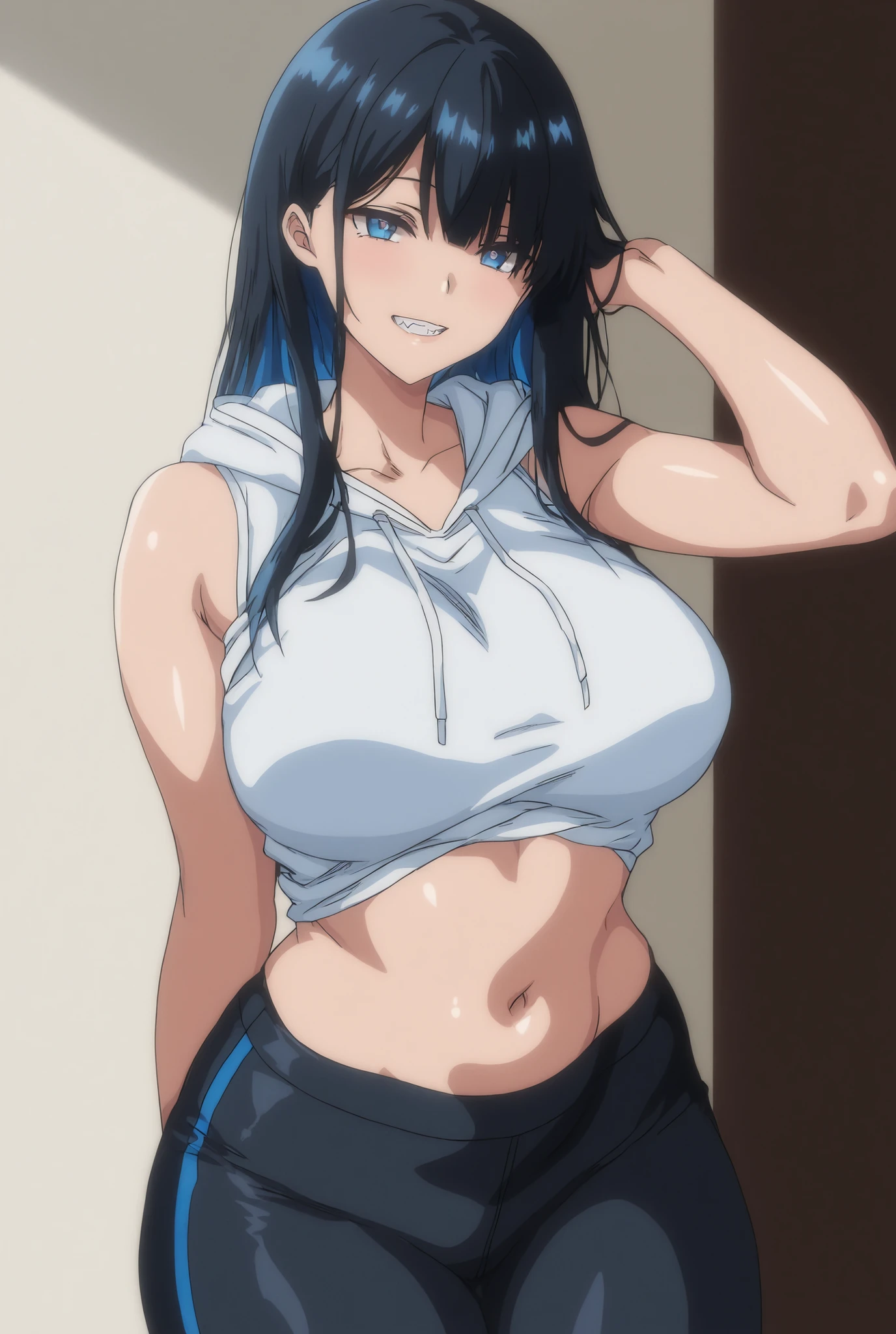 Age 19の女性。very big breasts。前髪ありdark hairedボブでThe inner color is bright blue。WHITE SLEEVELESS HOODIE、belly button is visible、black skinny pants。Tight Stomach。soft thighs。Model Posing。with a slightly raised look for a confident, soft smile。The skin is closer to reality with strong luster and shadows。Three-dimensional effect of collarbone and shoulders。anime x semi-realistic style、High Quality、 carefully painted。Jagged teeth。Voluptuous ass。Age 19。girl。dark haired、The inner color is bright blue。