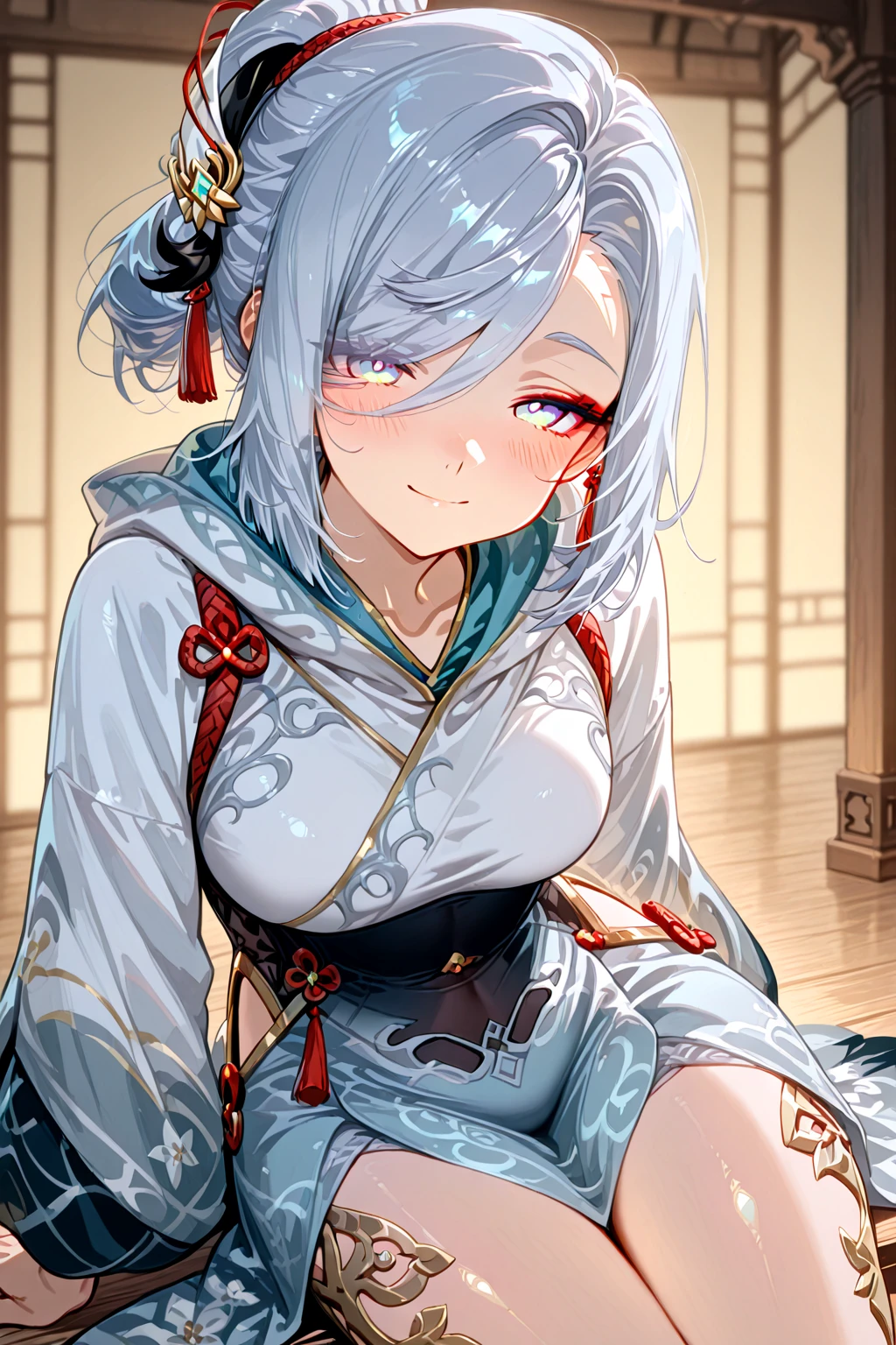 ((masterpiece)), (best quality), (detailed), 1girl, paya, long white hair, pointy ears,  mark, blushing, heart,sitting on pillow