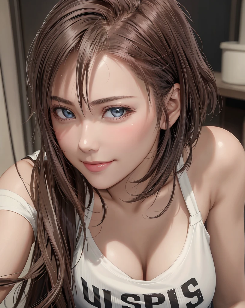 A flirtatious, provocative smile、Big Breasts、One female、Beautiful light brown hair、Perm Hair,tattoo、White tank top,Ripped jeans,A deserted bar,Wilky,Ultra-high resolution, Accurate, Super detailed, Textured skin, High detail, highest quality, 8k, Detailed Hair,Detailed eyes,Focus on the face,Depict the figure from the waist up,