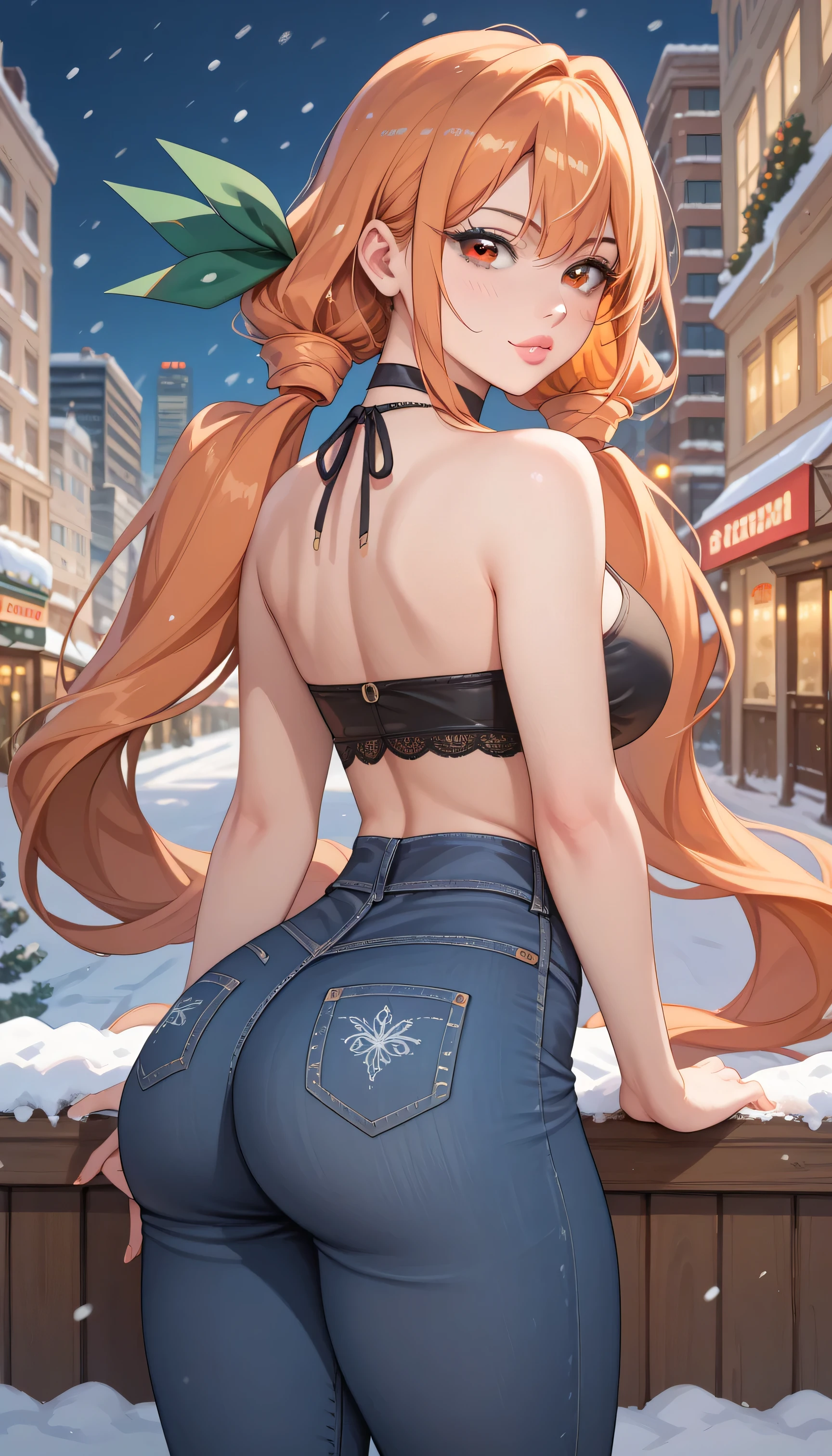 masterpiece, best quality, highly detailed, ultra high res, 1girl, solo, karane_inda, 22yo, brown eyes, orange hair, very long hair, low twintails, green ribbon, hair ribbon, black choker, light pink lips, full lips, ass, thick thighs, medium waist, city, winter, snow, black halter top, black jeans, looking back at viewer