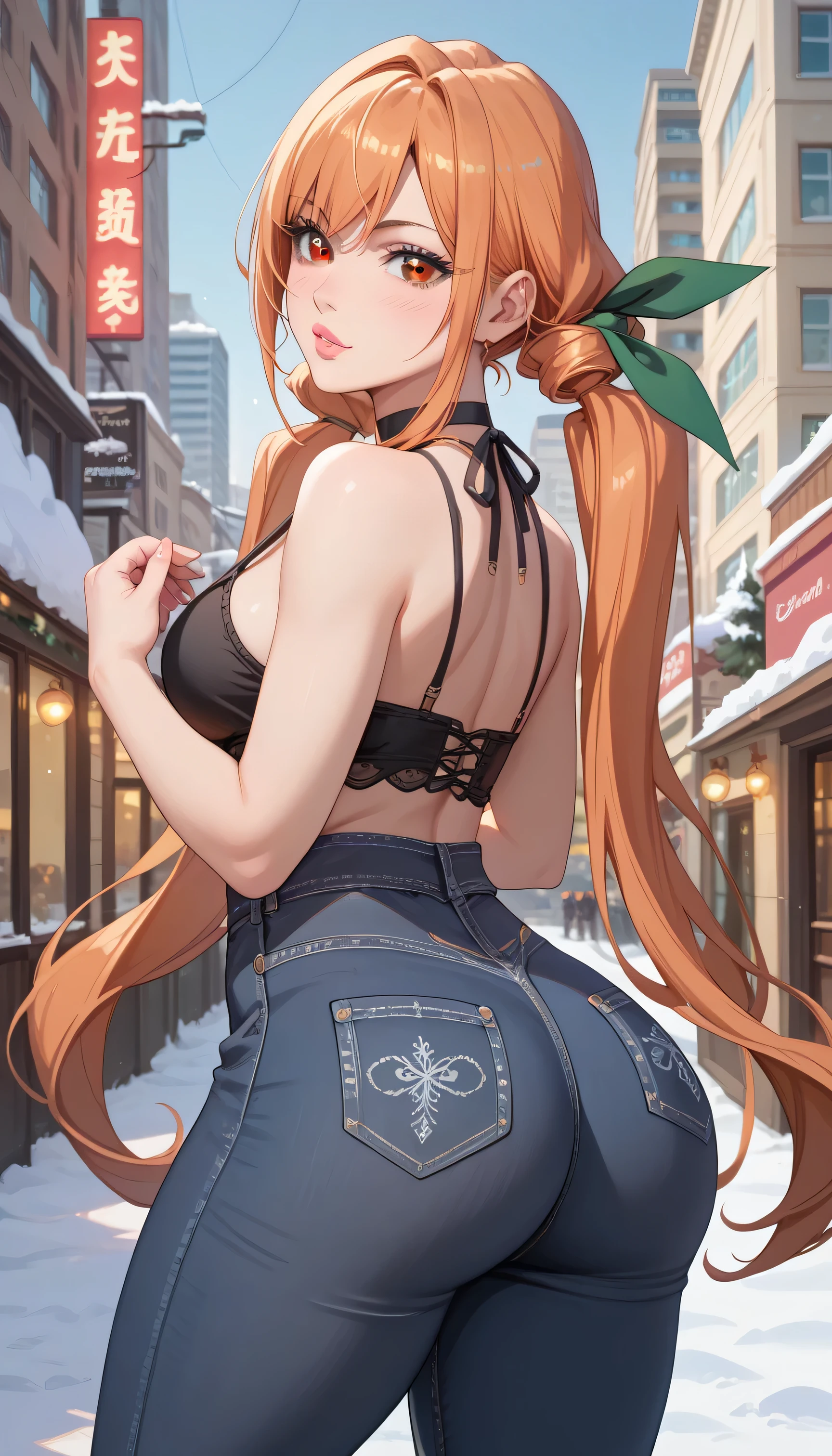 masterpiece, best quality, highly detailed, ultra high res, 1girl, solo, karane_inda, 22yo, brown eyes, orange hair, very long hair, low twintails, green ribbon, hair ribbon, black choker, light pink lips, full lips, ass, thick thighs, medium waist, city, winter, snow, black halter top, black jeans, looking back at viewer