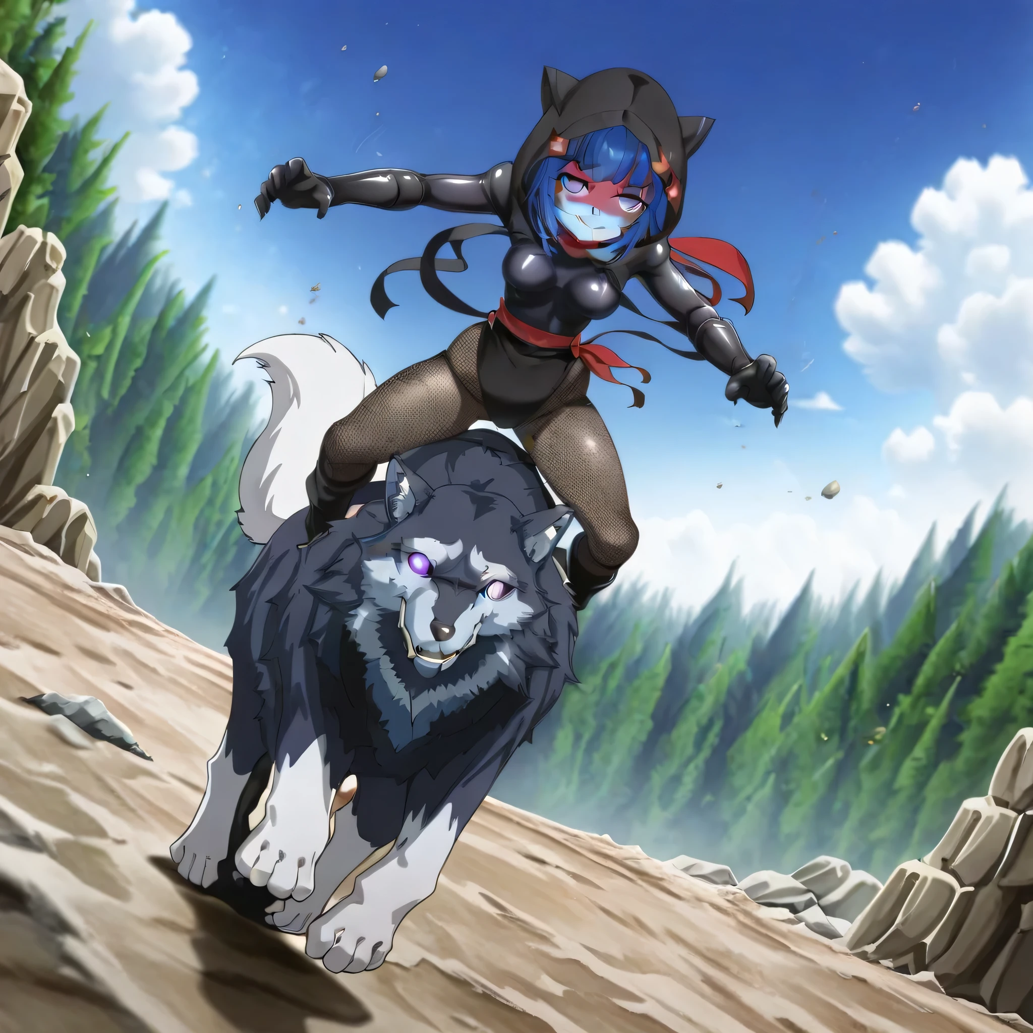 (((Masterpiece))), (((Best Quality))), ((Super Detail)), ultra-High resolution, score_9,score_8_up,score_7_up,score_6_up,score_5_up,score_4_up, BREAK, source_anime, anime screencap, uncensored, Masterpiece, (best shadow), (absurdres), (detailed background), (very aesthetic), detailed beautiful eyes, outstanding, an exquisite animation illustration, curvy, highres, shiny clothing, dark persona, empty eyes, blank eyes, shocker, black leotard, latex elbow gloves, brown fishnet pantyhose, red skin, blue skin, colored skin, red sash, makeup, (((solo, 1girl))), hair ornament, pose, submissive pose, anime style, anime coloring, animification, megami magazine, pose, dynamic angle, cinematic angle, dutch angle, dynamic composition, small , aoyuki01, hood, purple eyes, blue hair, animal hood, bangs, (((riding wolf, giant wolf, riding, rock wolf))), rock monster, sky, cloud, smile, happy, looking at viewer, speed line, motion line, forest, jungle, full body, fighting stance, dynamic pose, wolves