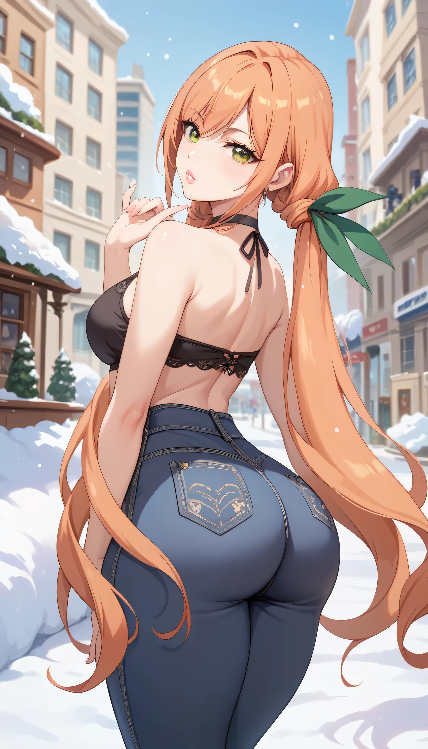 masterpiece, best quality, highly detailed, ultra high res, 1girl, solo, karane_inda, 22yo, brown eyes, orange hair, very long hair, low twintails, green ribbon, hair ribbon, black choker, light pink lips, full lips, ass, thick thighs, medium waist, city, winter, snow, black halter top, black jeans, looking back at viewer