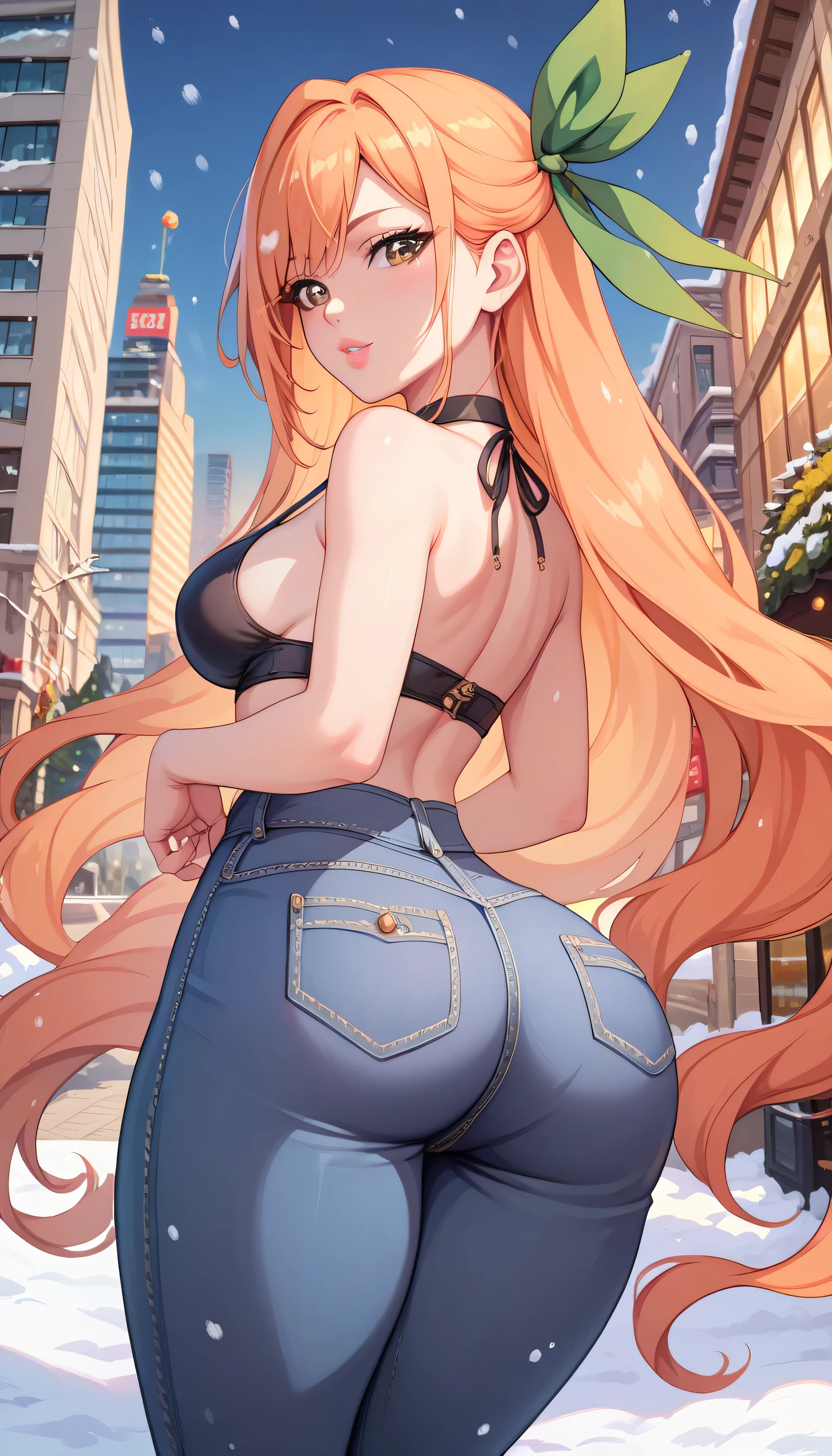masterpiece, best quality, highly detailed, ultra high res, 1girl, solo, karane_inda, 22yo, brown eyes, orange hair, very long hair, low twintails, green ribbon, hair ribbon, black choker, light pink lips, full lips, ass, thick thighs, medium waist, city, winter, snow, black halter top, black jeans, looking back at viewer