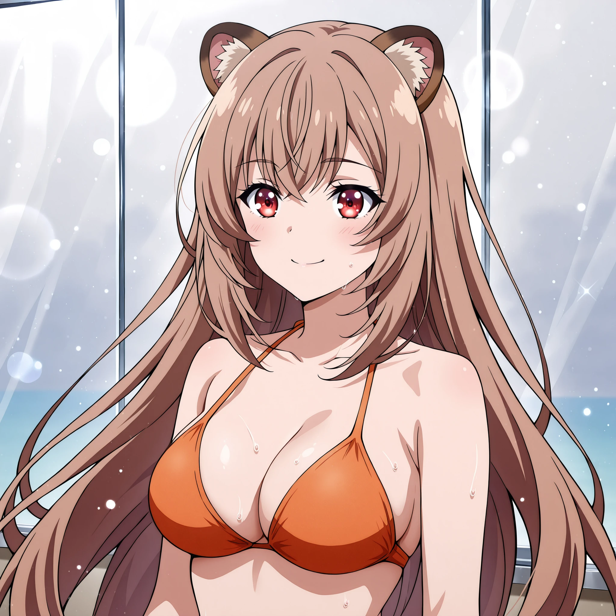 Honami Ichinose, Classroom of the Elite, with long flowing light-brown hair, a sly and self-assured smile, and softly radiant red eyes. She has raccoon ears in the same warm brown tone, a slender body with elegant curves, and wears an orange bikini that accentuates her figure. She strides confidently across a moonlit tropical shoreline, where the ocean glows like silver glass under the night sky. Her wet skin gleams with cool bluish highlights as humidity clings to the air, surrounded by soft mist and floating luminous particles. Ultra-detailed anime
