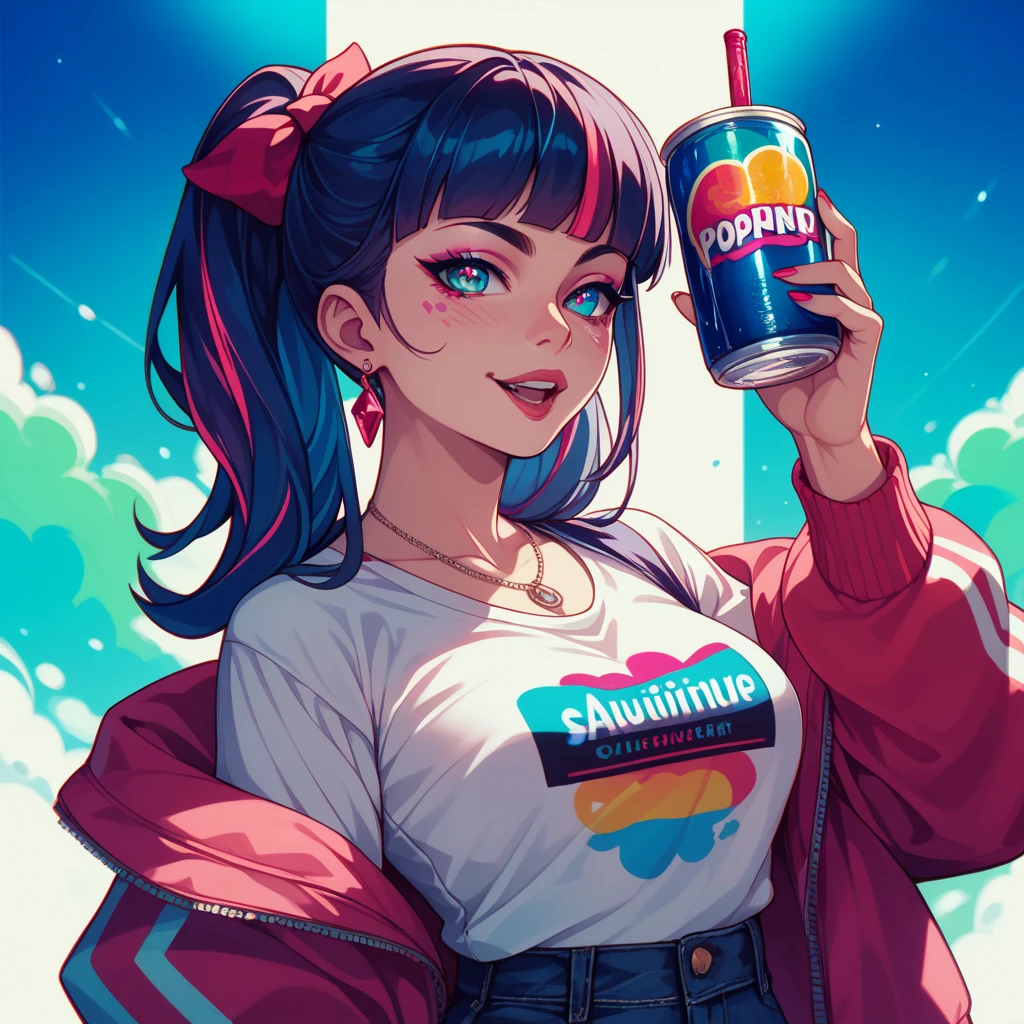 Anipoma1,(masterpiece, best illustration, best manga), One, 1 Girl, Purple eyes, (shiny skin, Soft hair), (holding a milkshake), freckles, (hot pink two tone hair:1.3), (wearing Zepplin LED T-shirt, jeans), (Extreme light and shadow, volumetric lighting, rim lighting), (daylight:.5), (rainbow lights, light leak), (, grin), (One), Mangadusk1, Manwa1