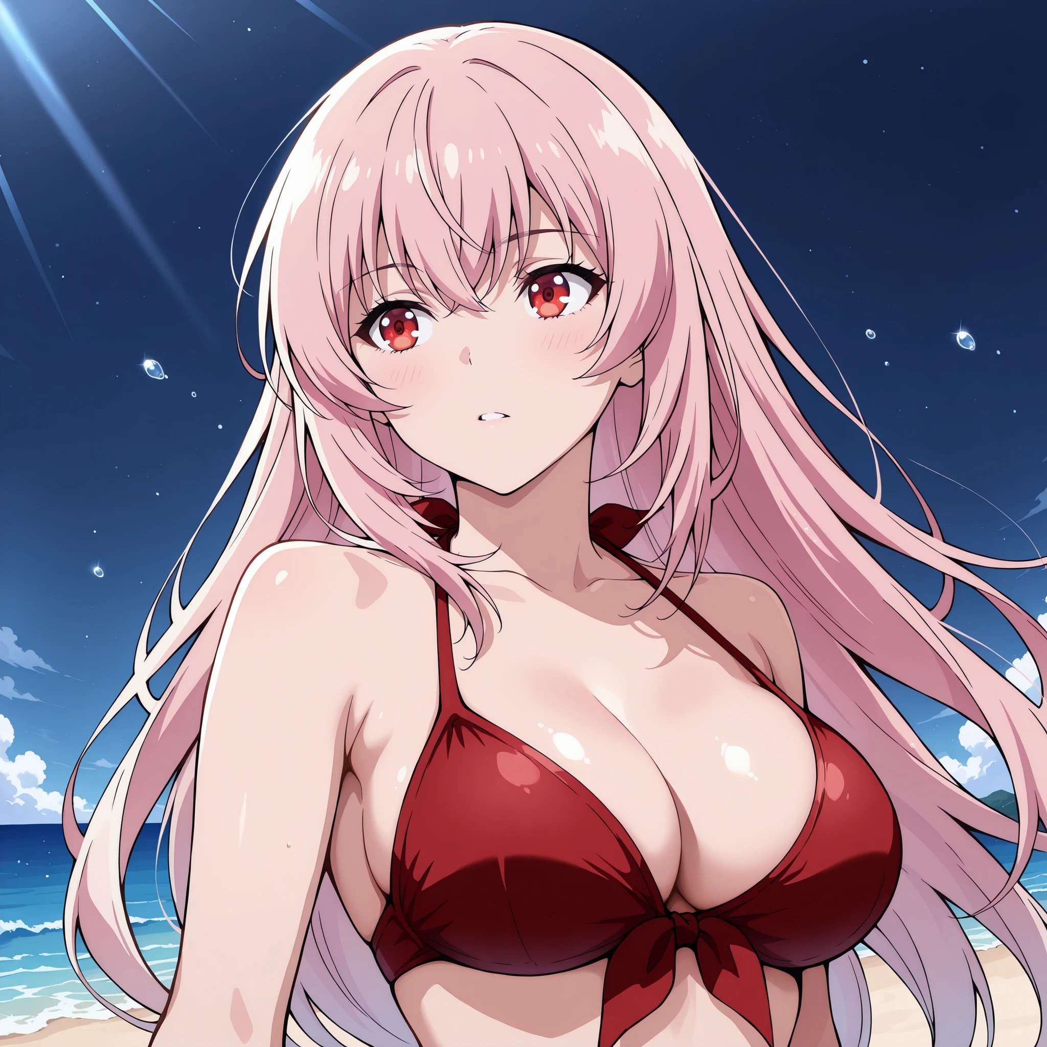 Honami Ichinose (Classroom of the Elite) appears with her smooth and loose pink hair, Red Eyes brillantes, figura slender y pechos grandes; expression of confusion. red bikini
. Background a beach.
Their skin reflects bluish flashes under moonlight; the place is shrouded in humid air, a faint haze and shiny particles floating in the environment.
Ultra-detailed anime style, dramatic lighting, impeccable finish, 4K resolution, masterpiece style. realistic, moist skin.