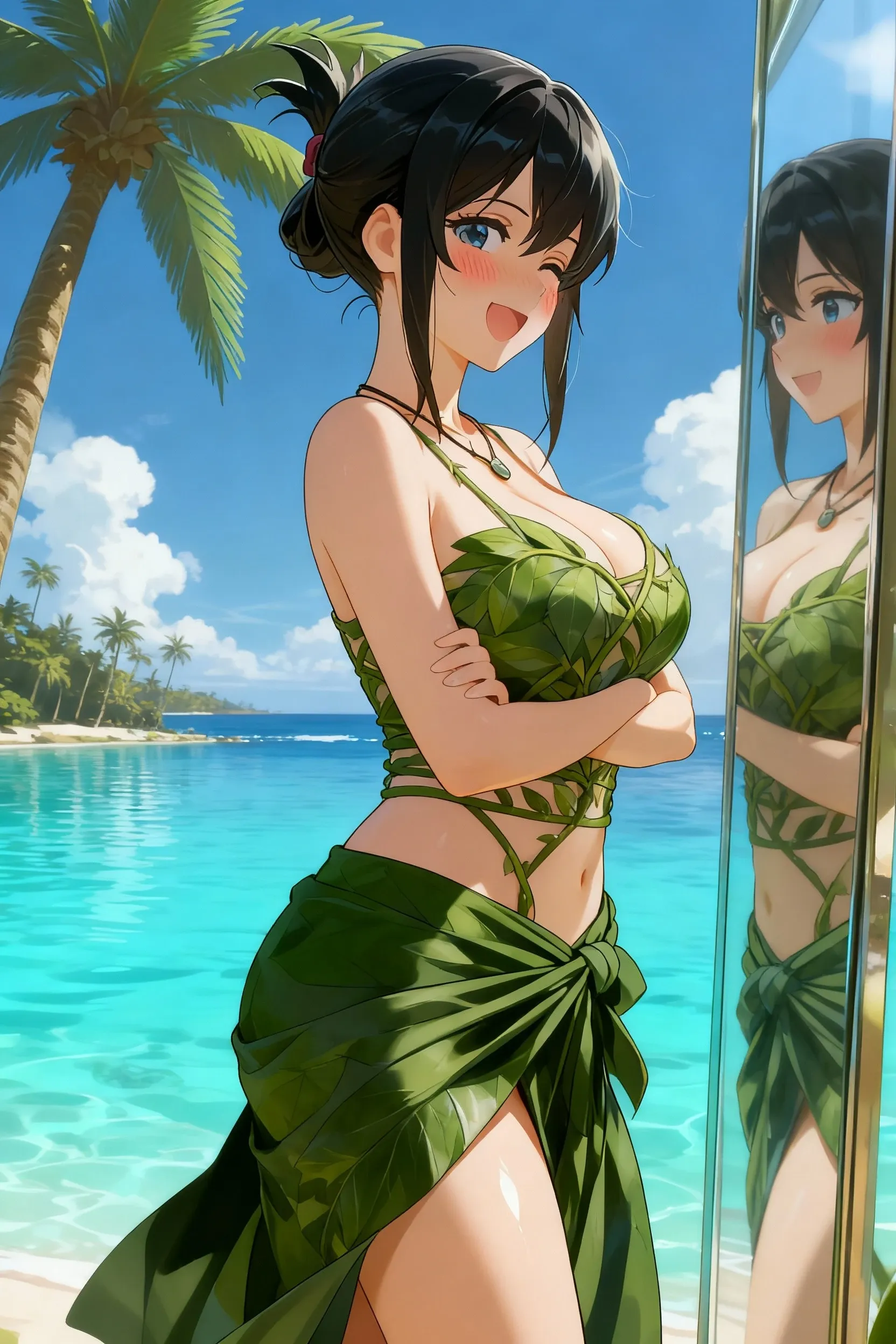best quality, masterpiece:1.2), highly detailed, HDR, girl, 18 years old maid, (starbucks apron, naked apron, large neckline: 1.2), model position, looking at the viewer, (beautiful detailed eyes, beautiful detailed lips, extremely detailed eyes and face, long eyelashes), (shapely, rounded, hourglass) body, (beautiful detailed breasts, shapely firm breasts), (shapely, toned) legs, seductive atmosphere, flirtatious look, very sexy, at the cafe, (seductive smile), Beach bar, wooden structure, straw roof, sunny weather