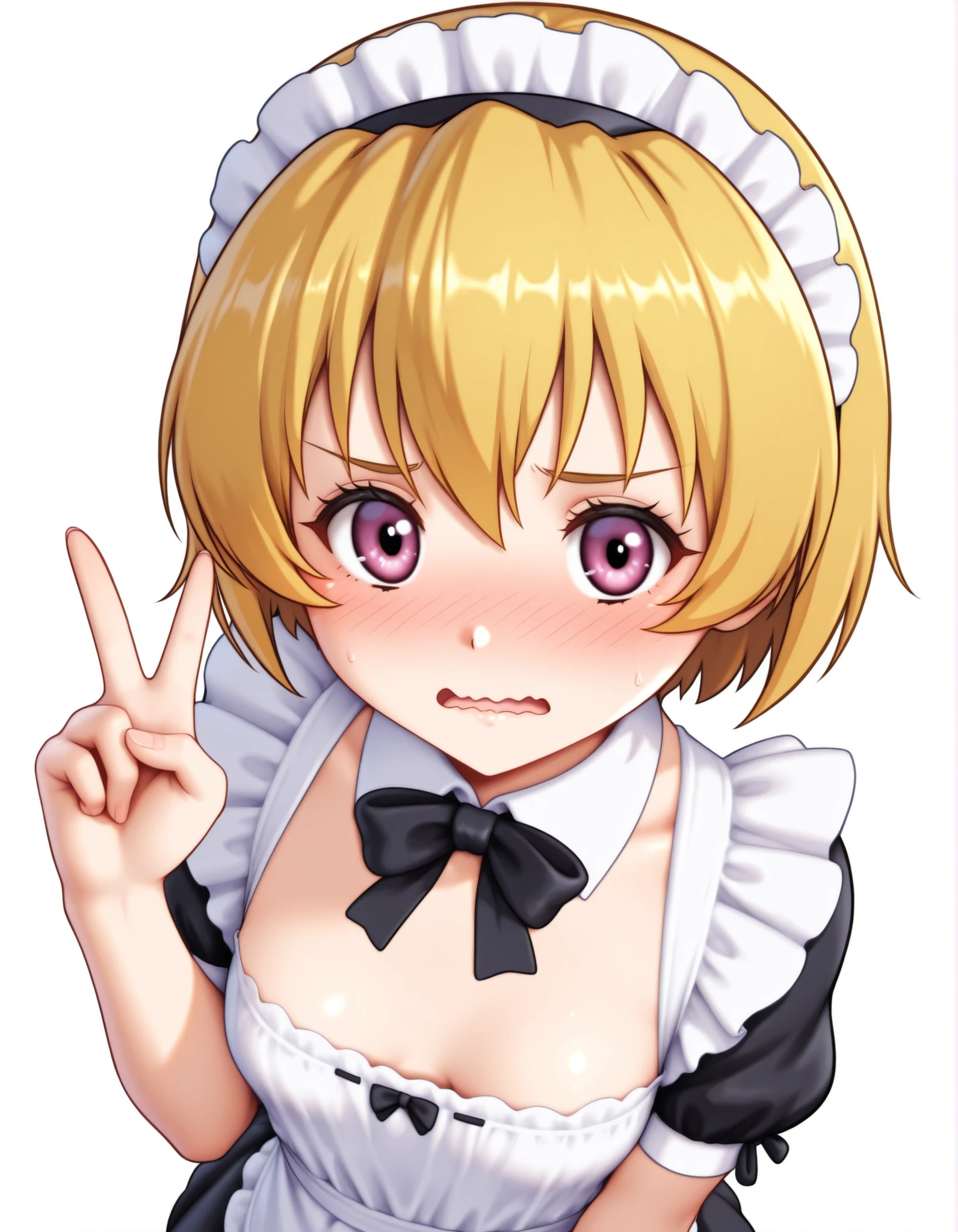 auralesustyle,, masterpiece, best_quality, uncensored, higurashimei,
1girl, houjou satoko, solo, (teen:1.2), kawaii, (small breasts, breasts), blonde hair, short hair, hairband, simple background, white background, maid_headdress, maid_apron, maid, maid_day, embarrassed, open_mouth, wavy_mouth, upper_body, from_above, V