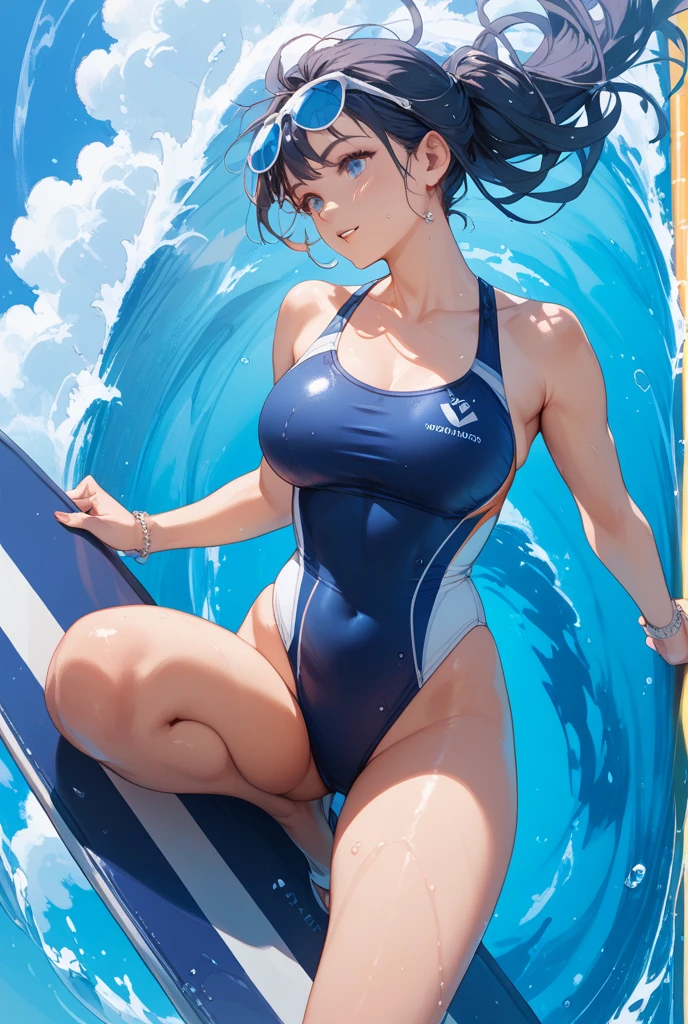 highest quality,masterpiece,ultra high resolution,(actual:1.4), 8K, gine, 1girl, solo, mouth closed, black hair, black eyes,  shoulders, medium , collarbone, cowboy shot, short hair, spiked hair, a green one piece swimsuit, ocean, beach, a large big waves Surround her, lovely legs，bright and beautiful, gold earrings,  smile
