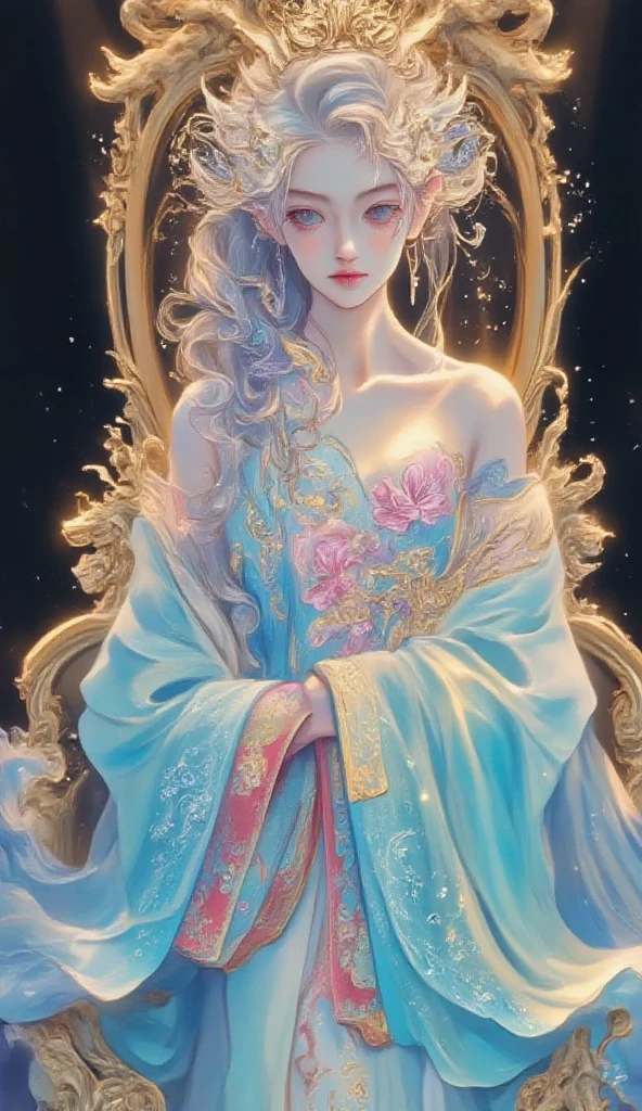 浅蓝 blue colors,enamel,agate,A flesh-colored world,Blood Blue Maiden 32k(masterpiece,HD,Aoyama Pond,Ultra high quality,32k)long flowing bright blue hair,blood pool,Ziddink, a color,Grumpy (After greeting), (Linen scarf), fighting stance, looking at the ground, long white hair, Floating bright blue, Fire cloud gold headdress, Chinese long-sleeved gold silk burgundy garment, (Abstract metaverse splash:1.2), White background,Peony flower vitality protector(realistically:1.4),bright purple hair,Smoke on the road,The background is very pure, high resolution, detail, RAW photos, Sharp Re, Nikon D850 film photo by Jefferies Lee 4 Kodak Portra 400 camera F1.6 guns, colorful, Ultra-realistic and vivid textures, dramatic lighting, Unreal Engine Art Station Trend, Sinest 800,一个有着long flowing bright blue hair的女孩,huge colorful bubbles