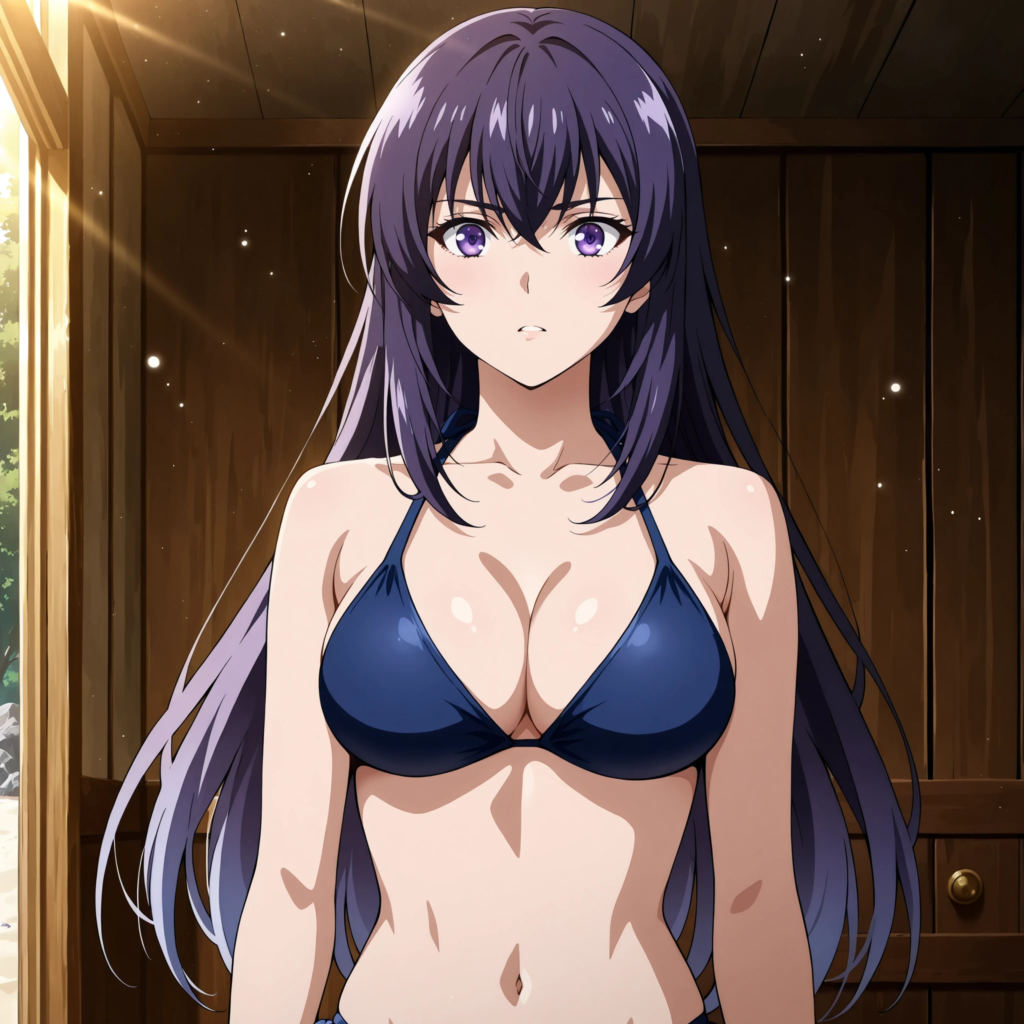 
Honami Ichinose (Classroom of the elite) cbello largo color rubio rosa, bright violet eyes, figura slender y pechos grandes; expression of confusion. bikini amarillo con diseño floreado.
. background a beach.
Their skin reflects bluish flashes under moonlight; the place is shrouded in humid air, a faint haze and shiny particles floating in the environment.

Ultra-detailed anime style, dramatic lighting, impeccable finish, 4K Resolution, masterpiece style.  realistic, moist skin. 